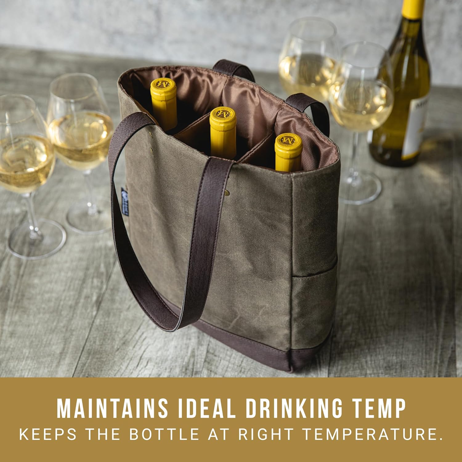 PICNIC TIME 2 and 3 Bottle Insulated Wine Bag, Distressed Waxed Canvas Wine Tote, Durable Bottle Carrier Bag for Gifts and Travel with Side Pockets & Removable Divider (Khaki Green with Brown Accents)