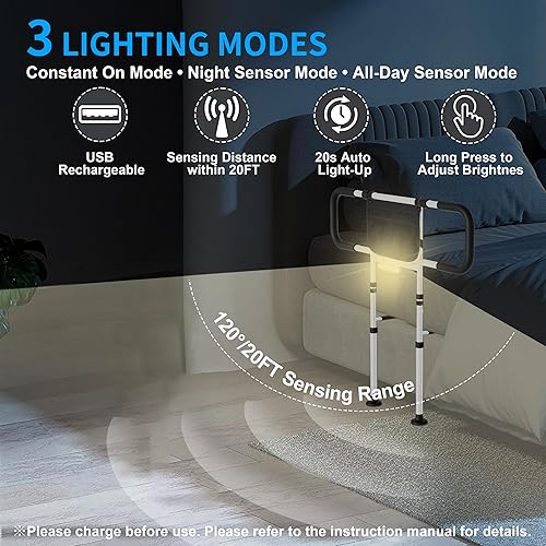 Miniatura 10 de Rieles de cama para adultos mayores rieles laterales ajustables con pata de soporte, bastón de cama con bolsa de almacenamiento y luz con sensor de