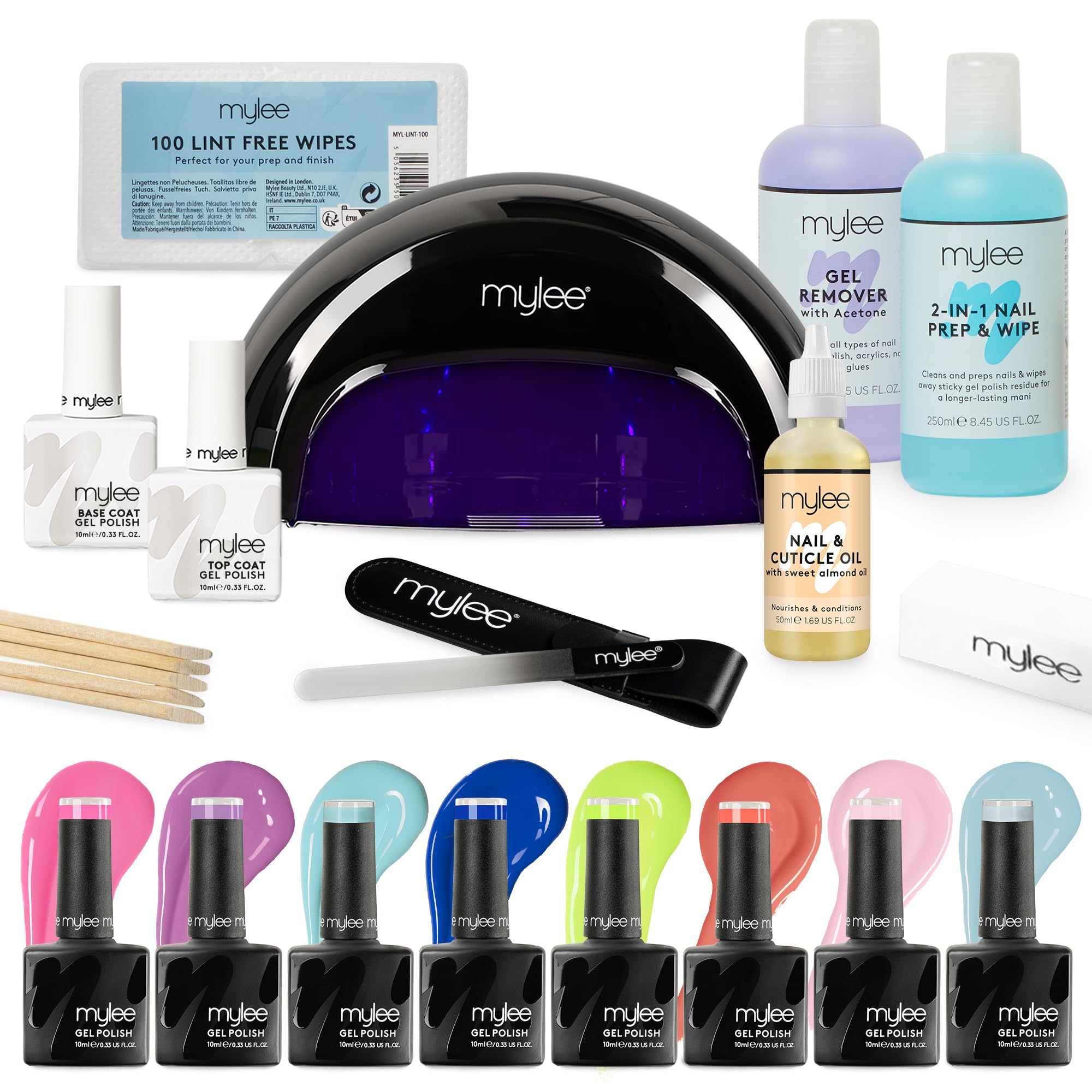 Mylee The Full Works - Set para manicura, 8 esmalte de uñas gel MYGEL, top & base coat, lámpara de curado LED PRO Mylee, preparación y toallita, removedor de gel (Primavera / Verano - Lámpara negra)