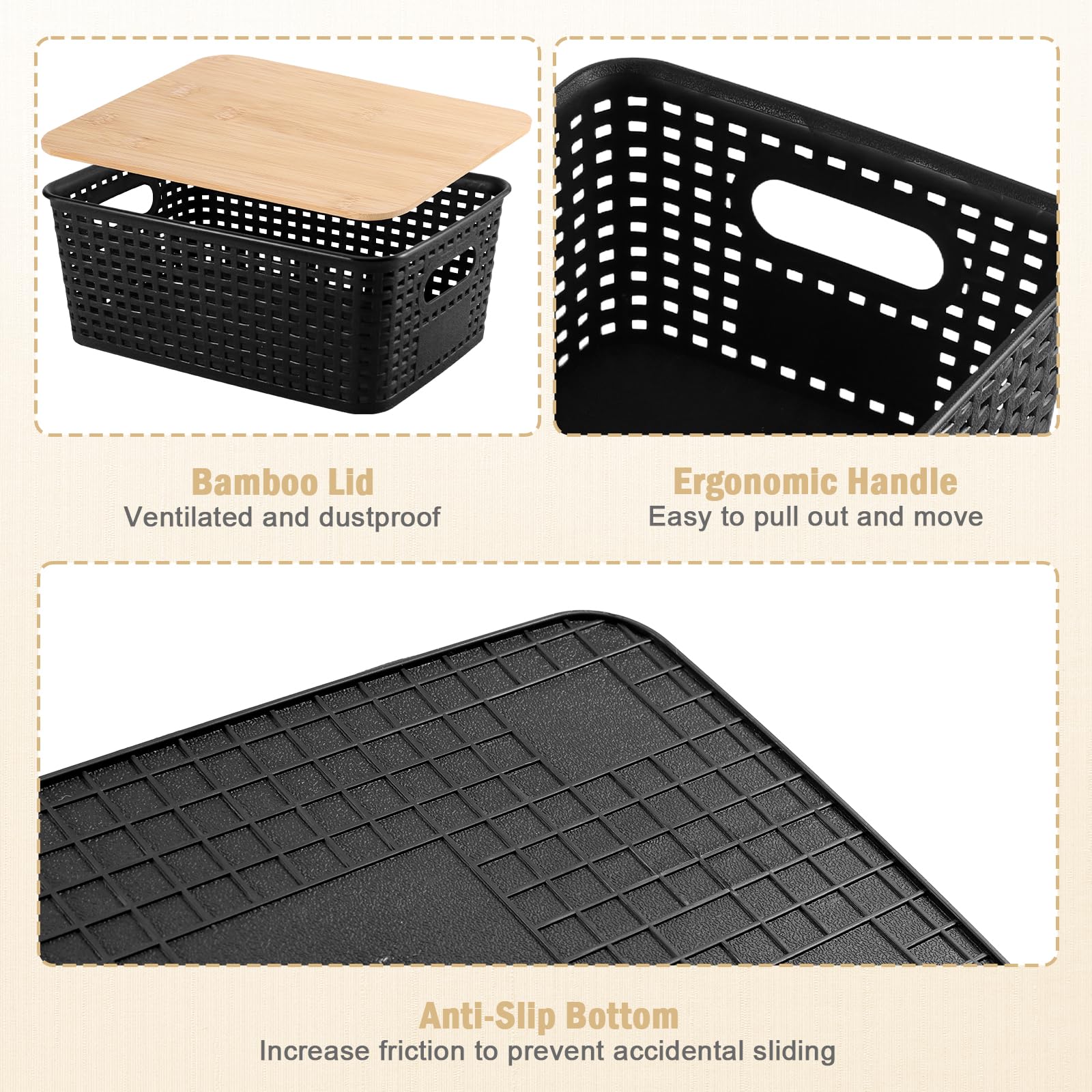 6 Pezzi Scatole Plastica con Coperchio Bambù, Organizer Cucina e Bagno, Impilabile Salvaspazio Cestino Vimini Contenitore Plastica con Bambù Coperchio per Armadio, Ufficio,Camera (Nero)
