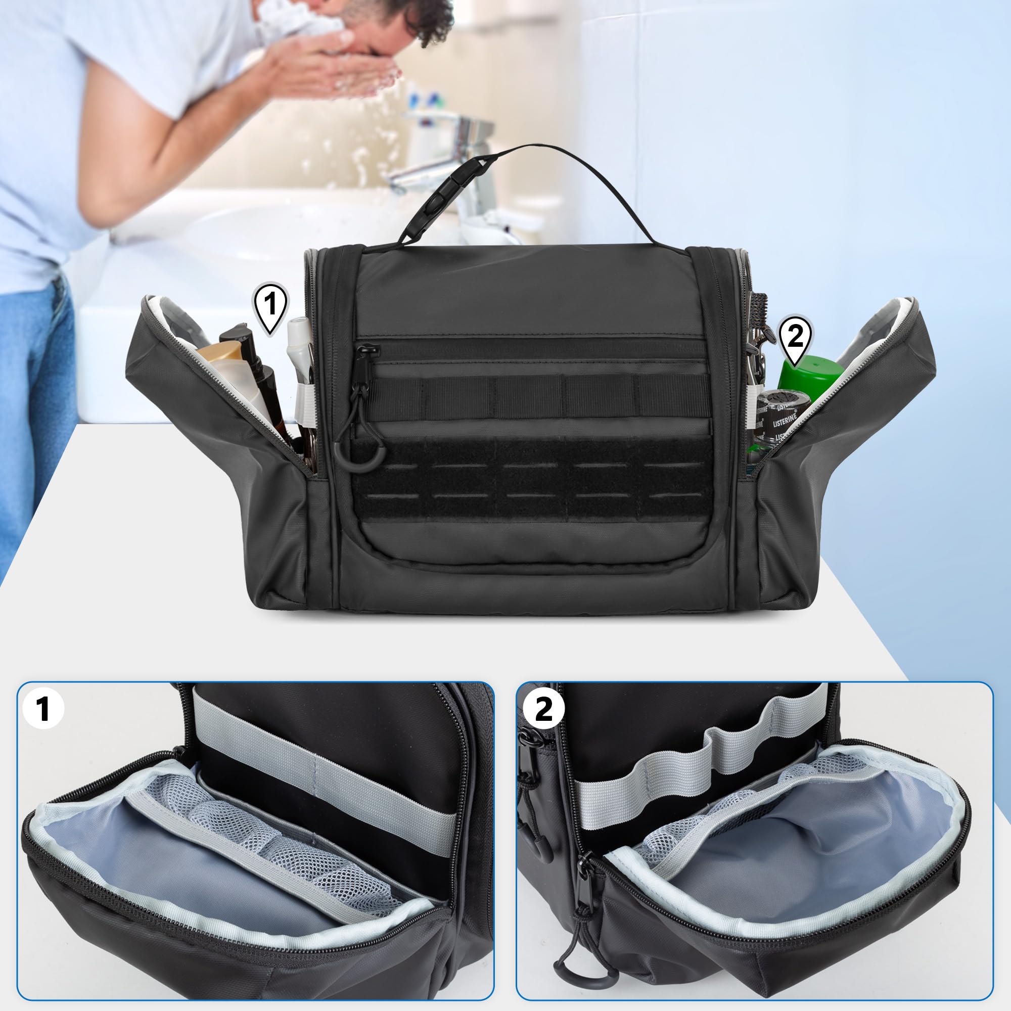 Beauty Case Tattico da Appendere per Campeggio, Nero | Beauty Case da Uomo, Gancio per Appenderlo, Tasca Separata per Asciugamano, Ampio Spazio Laterale