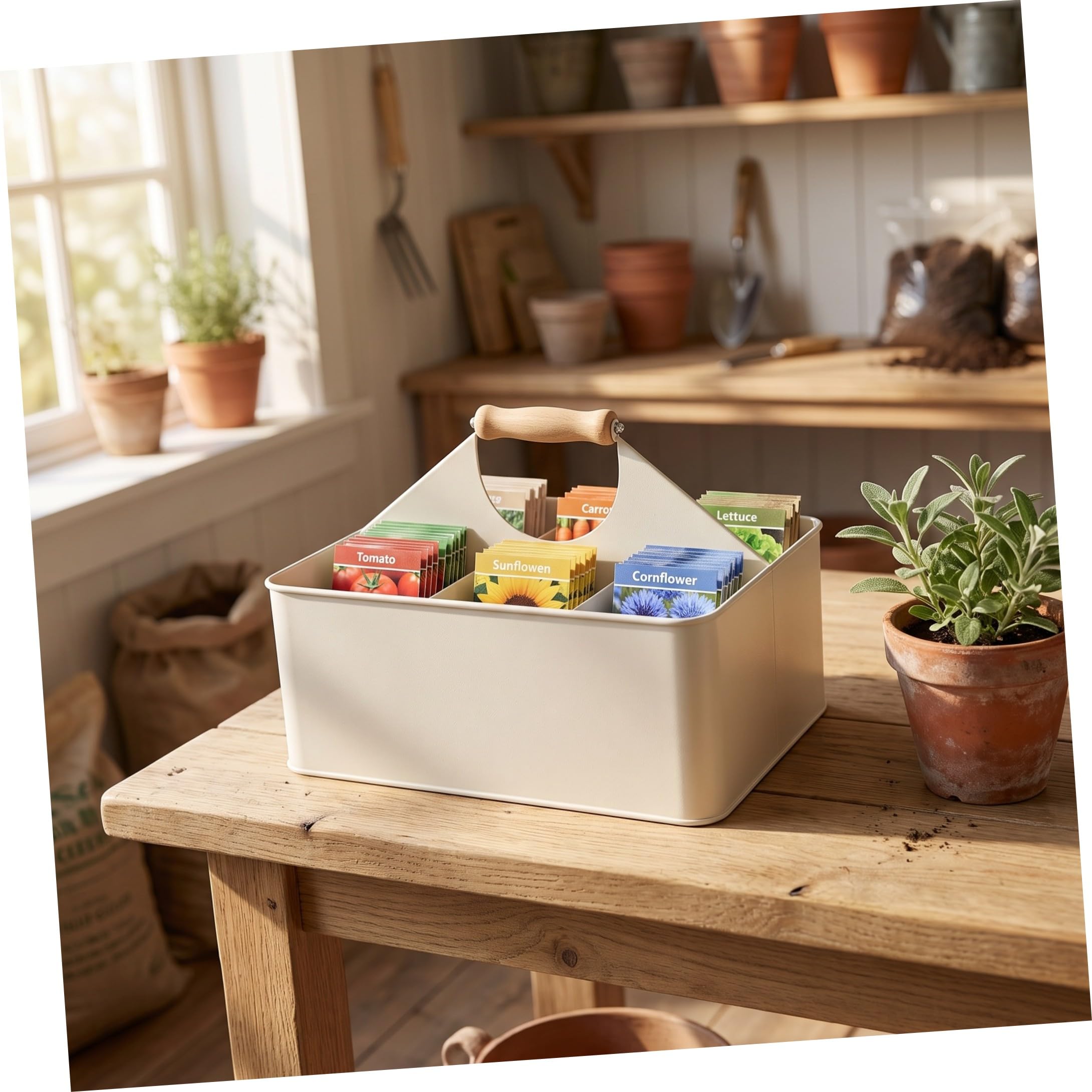 TOYANDONA Boîte de Rangement Dimensions 29,5x22,6x20 Cm en Fer pour Semences de Jardin avec 4 Compartiments, Poignée et Surface Lisse, Jardinage en Extérieur Comptoir