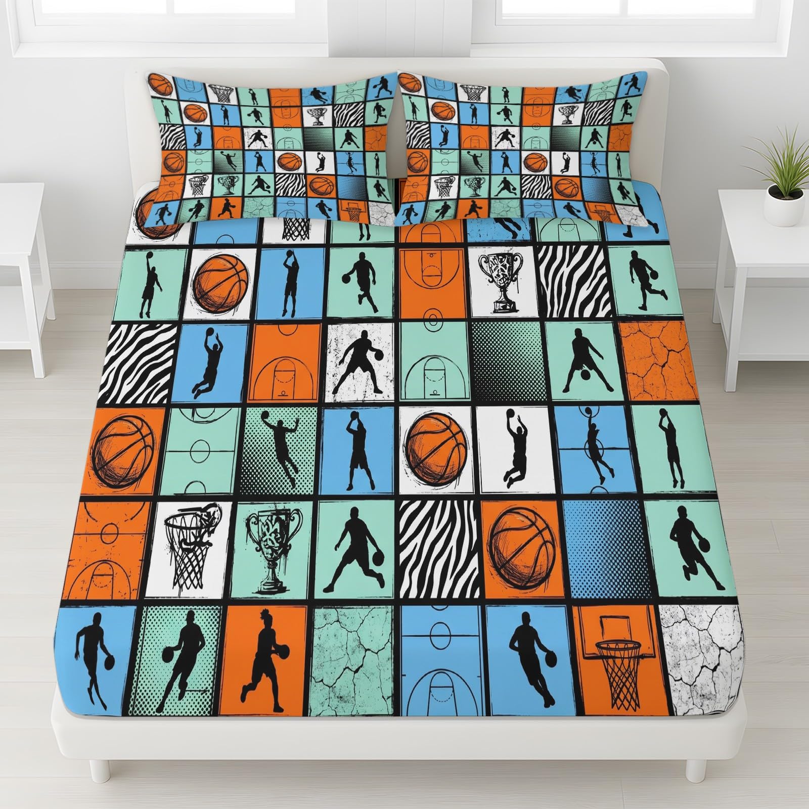 Pojedyncze prześcieradło z gumką, 90 x 190 cm, styl uliczny, dla sportowców, boisko sportowe, z głęboką kieszenią, głębokość 30 cm, zestaw pościeli z miękkiej mikrofibry, łatwe w pielęgnacji