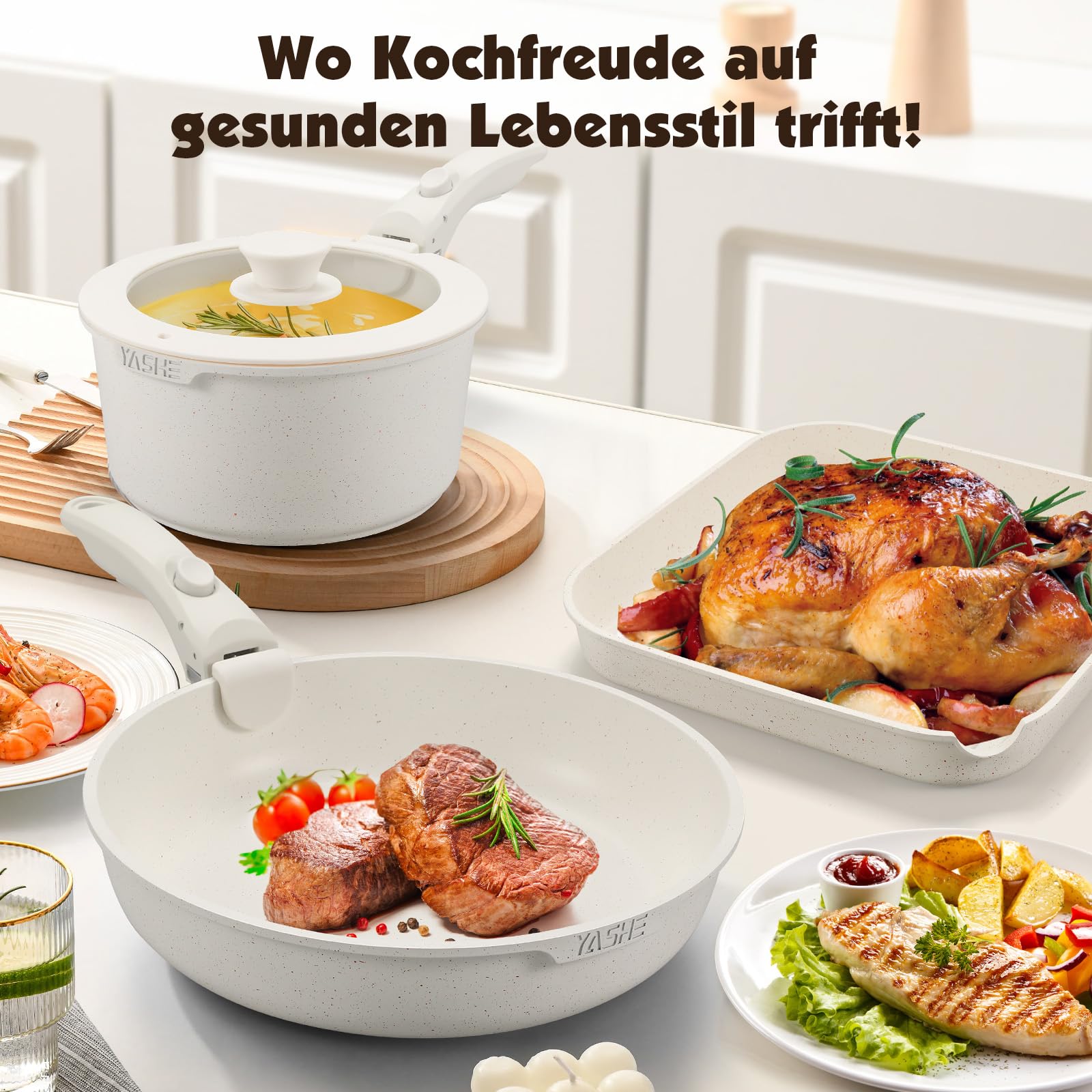 YASHE 21-teiliges Topf- und Pfannen-Set, antihaftbeschichtet, mit abnehmbaren Griffen und Glasdeckel, induktionsgeeignet, ofenfest, stapelbar, Weiß