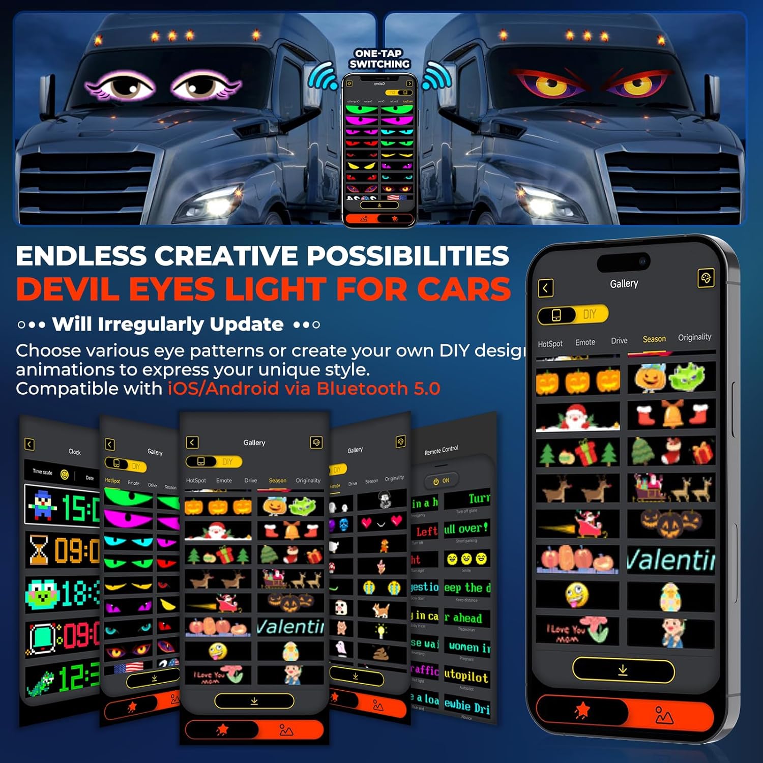 LED Devil Eyes Light for Windshield 35.35x7.56 inch, DIY Programmable Led Eyes for Car Truck, Windshield Eyes Animated Led Flexible Smart Colorful Eye Lamp Soft Screen for Car Windows