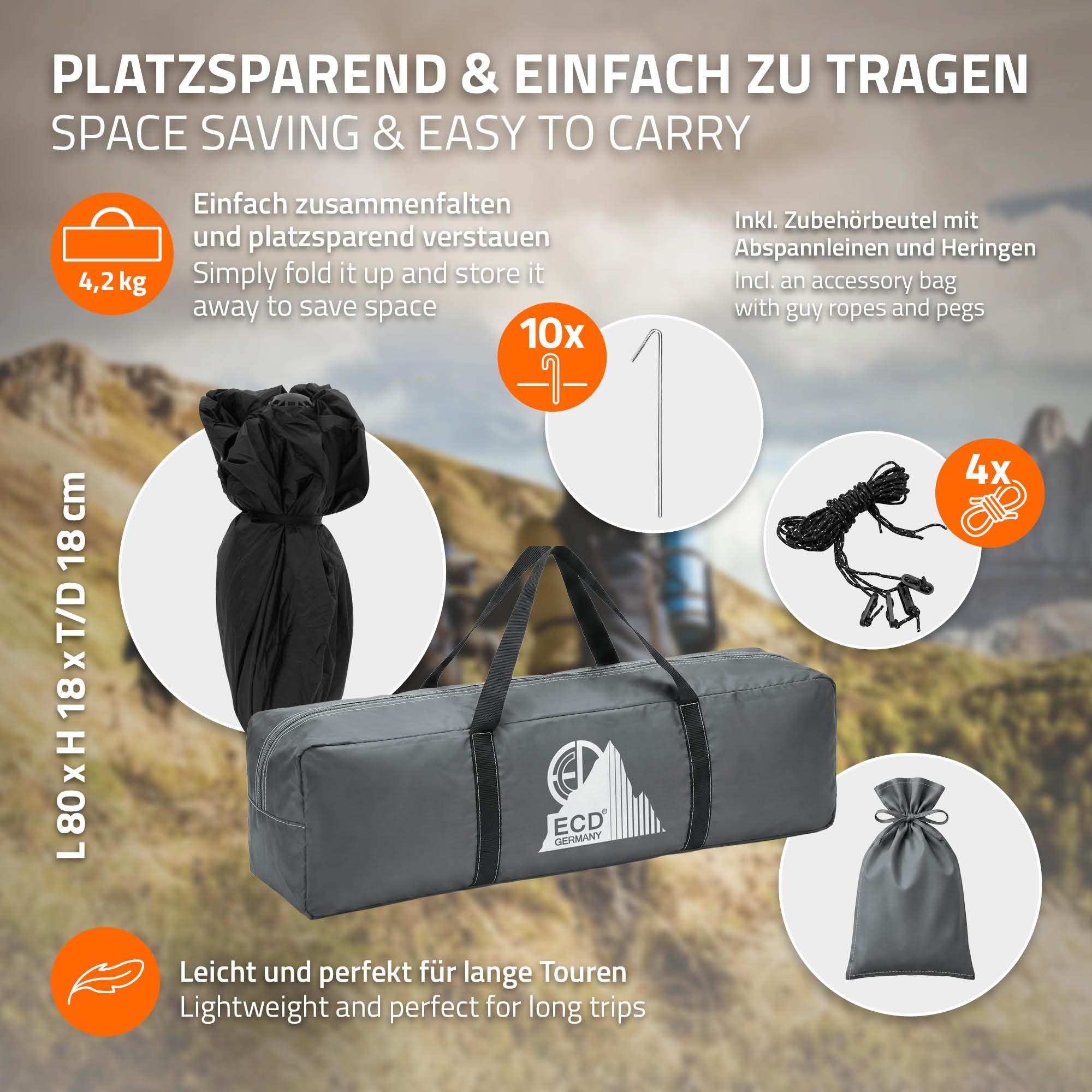 ECD Germany Namiot 3-4 Osobowy Pop-Up Campingowy, Lekki Dwuwarstwowy Namiot Outdoor Kopulowy z 2 Wejsciami, Wodoodporny i Wiatroodporny Namiot Rodzinny z Torba na Camping i Wedrówki, Zielony/Szary
