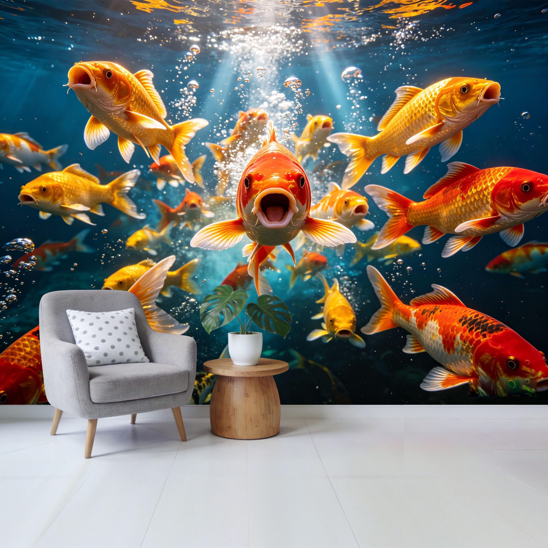 Qzlithotic Yq2605250048 Custom Size Wall Mural Vibrant Underwater Koi Fish Pond Bubbles Marine Tropical Style Selfadhesive Wall Fabric Removable Wallpaper For Home Office Decor