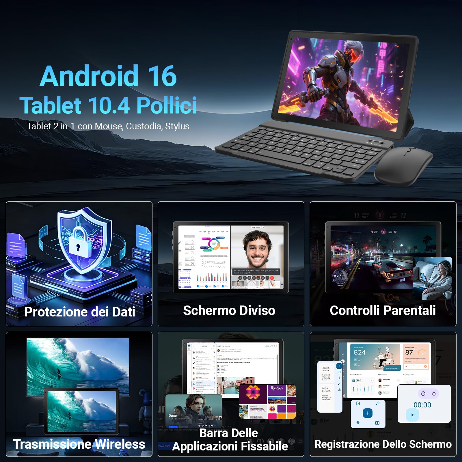 Gleeso Tablet｜Android 16 Tablet 10 Pollici ｜Tablet con Tastiera 24GB+64GB/1TB TF, Android Tablet PC 6000mAh, Fotocamera da 8MP, WiFi 5G, Laptop Portatile 2 in 1 Tablets con Custodia e Mouse (Nero)