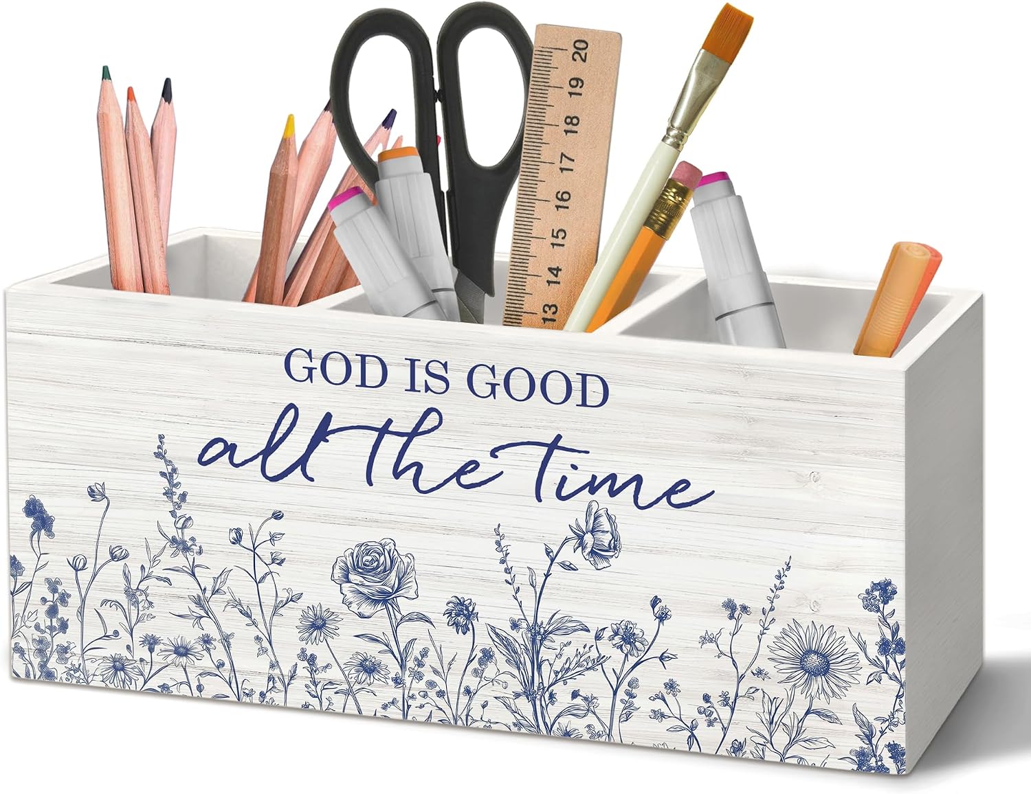 Blue Flowers Pen Holder Organizer for Desk Accessories, Boho Navy Blue Flower Christian Religious Wooden Box Sign Desk Decorations for Home Office School Decor