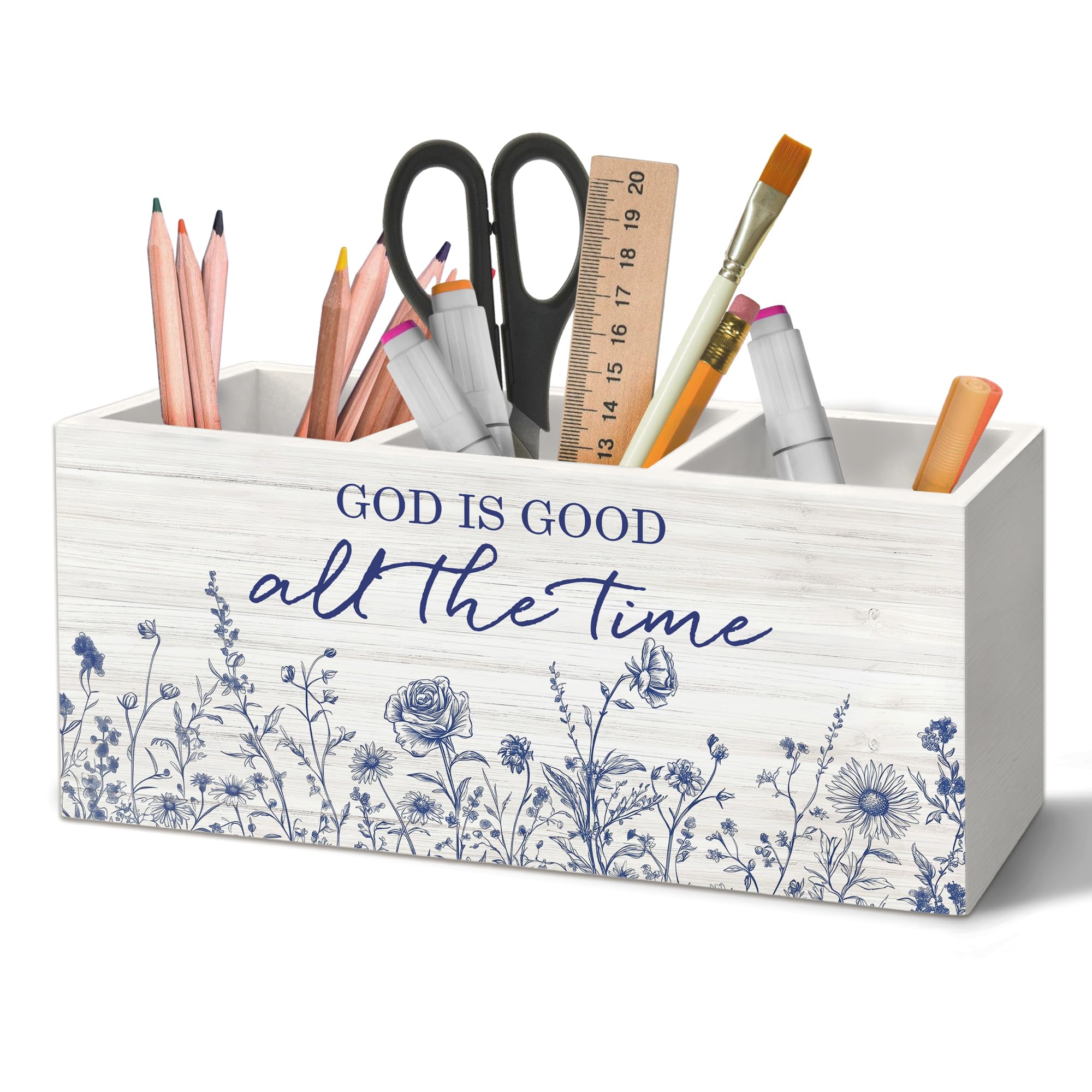 Pot à stylos à fleurs bleues, cadeau chrétien pour rentrée et bureau