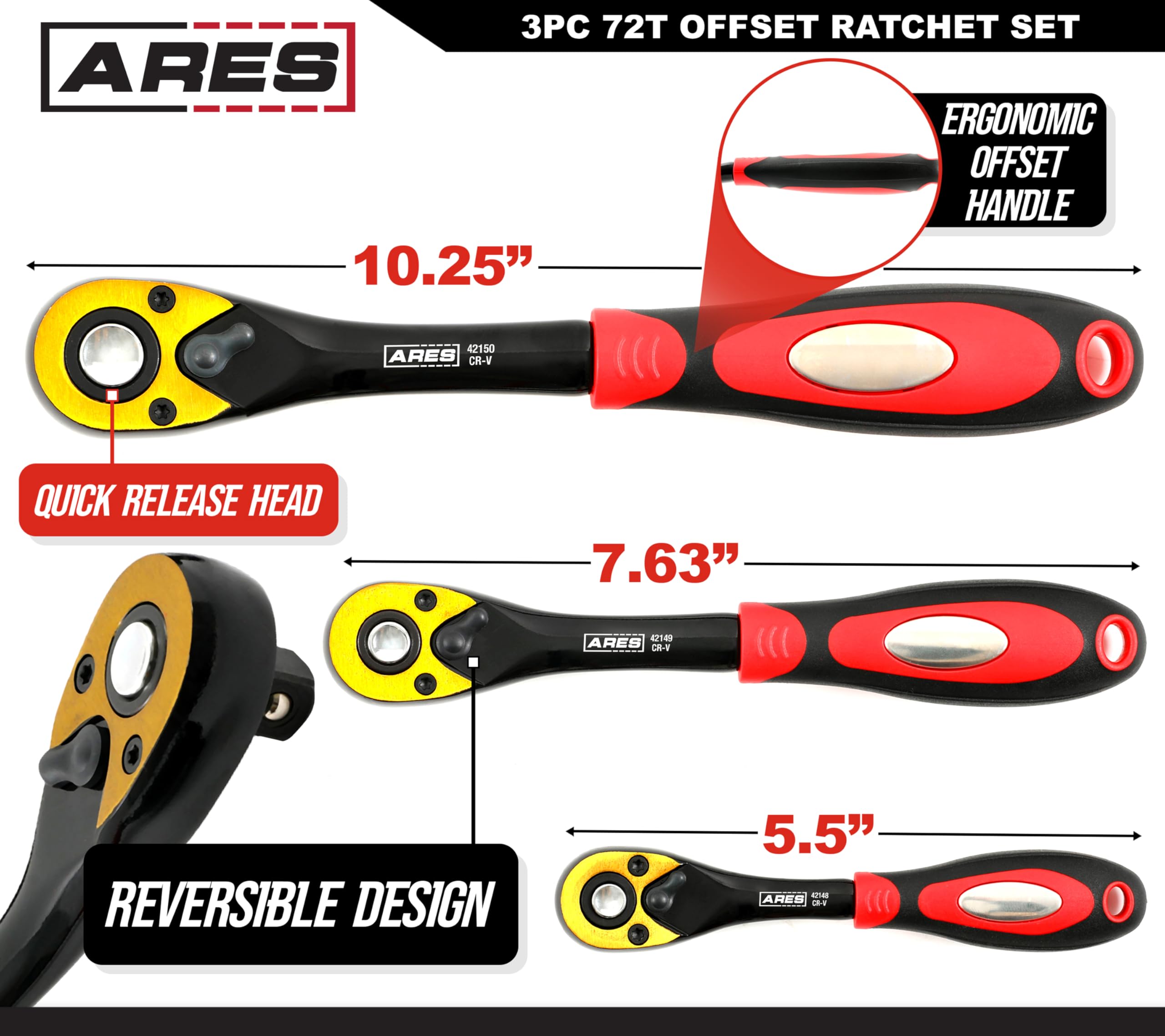 ARES 42147 - Juego de trinquete de 3 piezas con desplazamiento de 72 dientes, herramientas de cromo vanadio, asas compensadas, liberación rápida para un fácil cambio de enchufe, diseño reversible