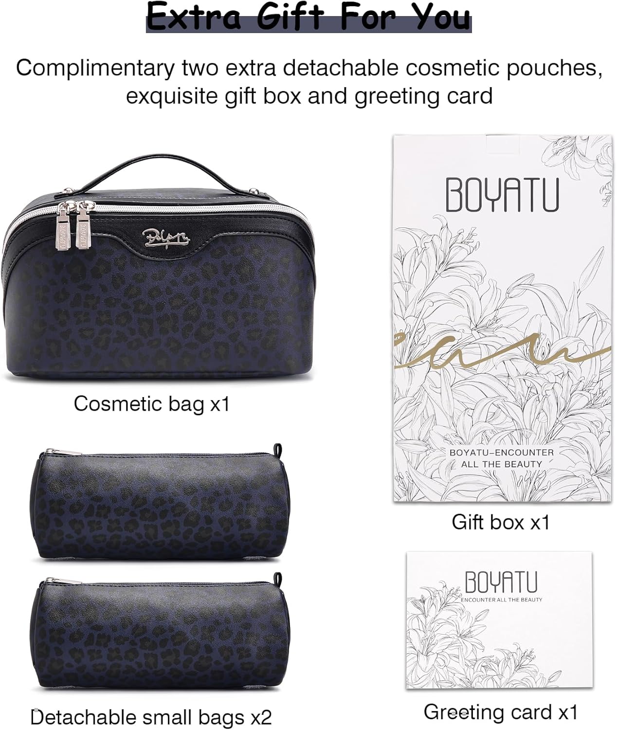 BOYATU Travel Makeup Bag for Women: 3 Pcs Set Portable Make up Bags with Handle - Leopard Print Cosmetic Bags with Comparments - Waterproof Vegan Leather Toiletry Bag (11-Blue) - Image 2