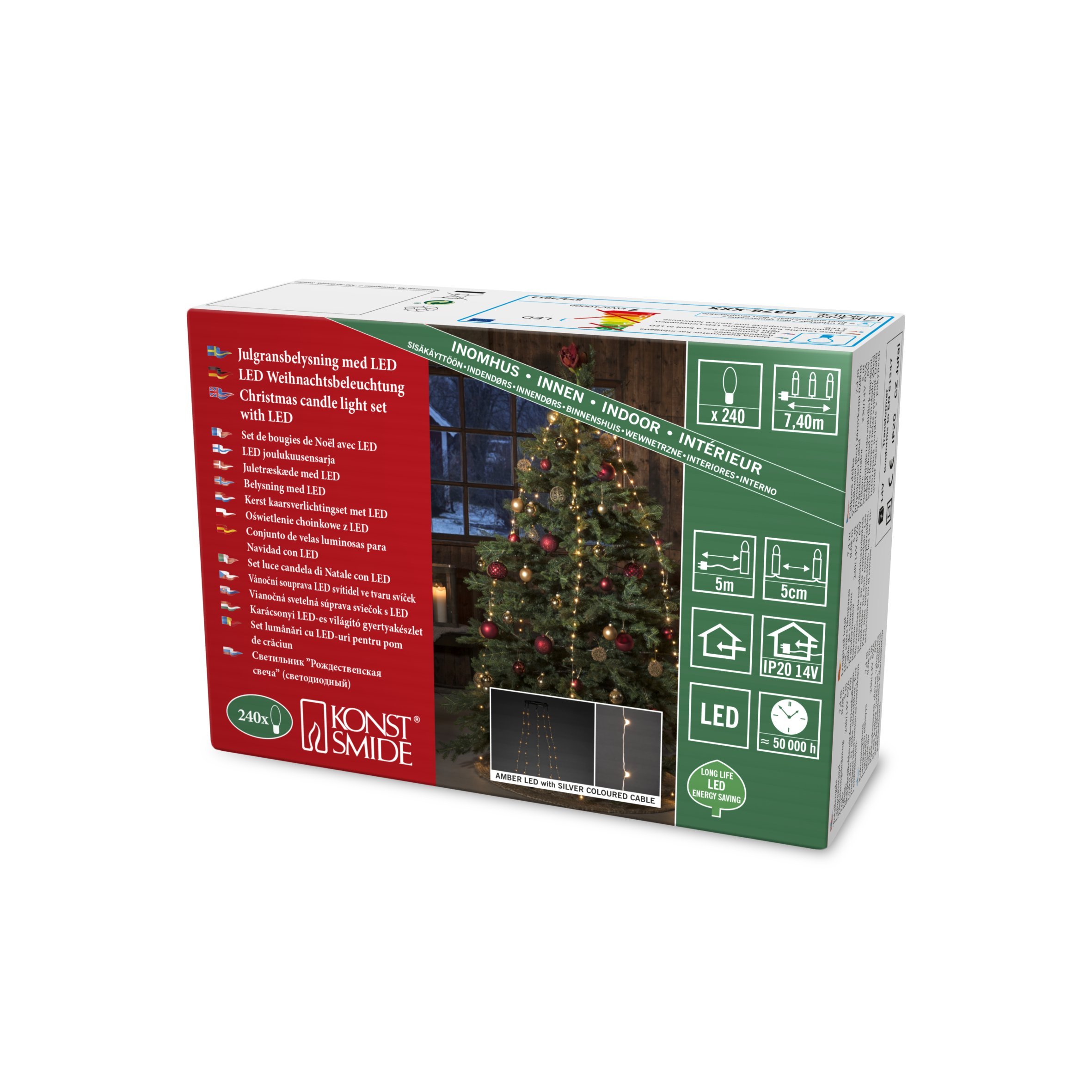 Konstsmide LED Baummantel mit Ring Ø 11, LED Tropfen, 5 Stränge à 48 Dioden, vormontiert, 240 bernsteinfarbene Dioden, 14V Innentrafo, silberfarbenes Kabel - 6378-890