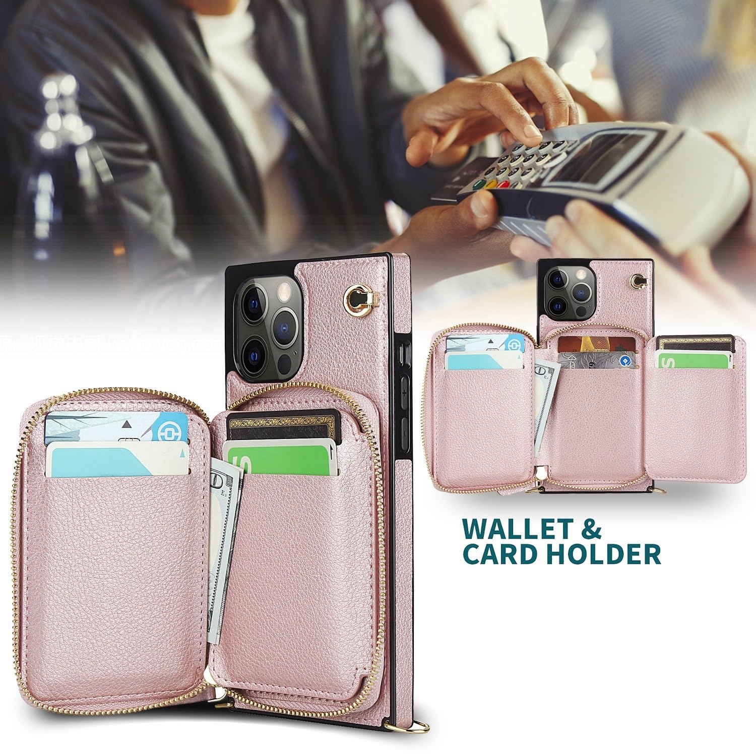 Generisch Etui do iPhone 16/16Plus/16Pro / 16Pro Max, etui z klapką na karty, odporne na upadki, regulowany pasek na ramię, etui ochronne (czarne, 16)