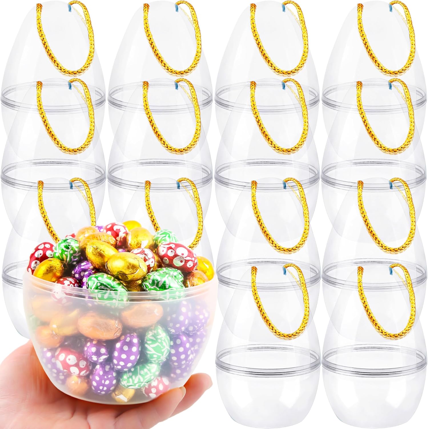 15 Pack 8 Inch Jumbo Easter Eggs Large Empty Fillable Eggs Transparency White Plastic Eggs with Handle Rope for Easter Basket Stuffers Egg Hunt Supplies
