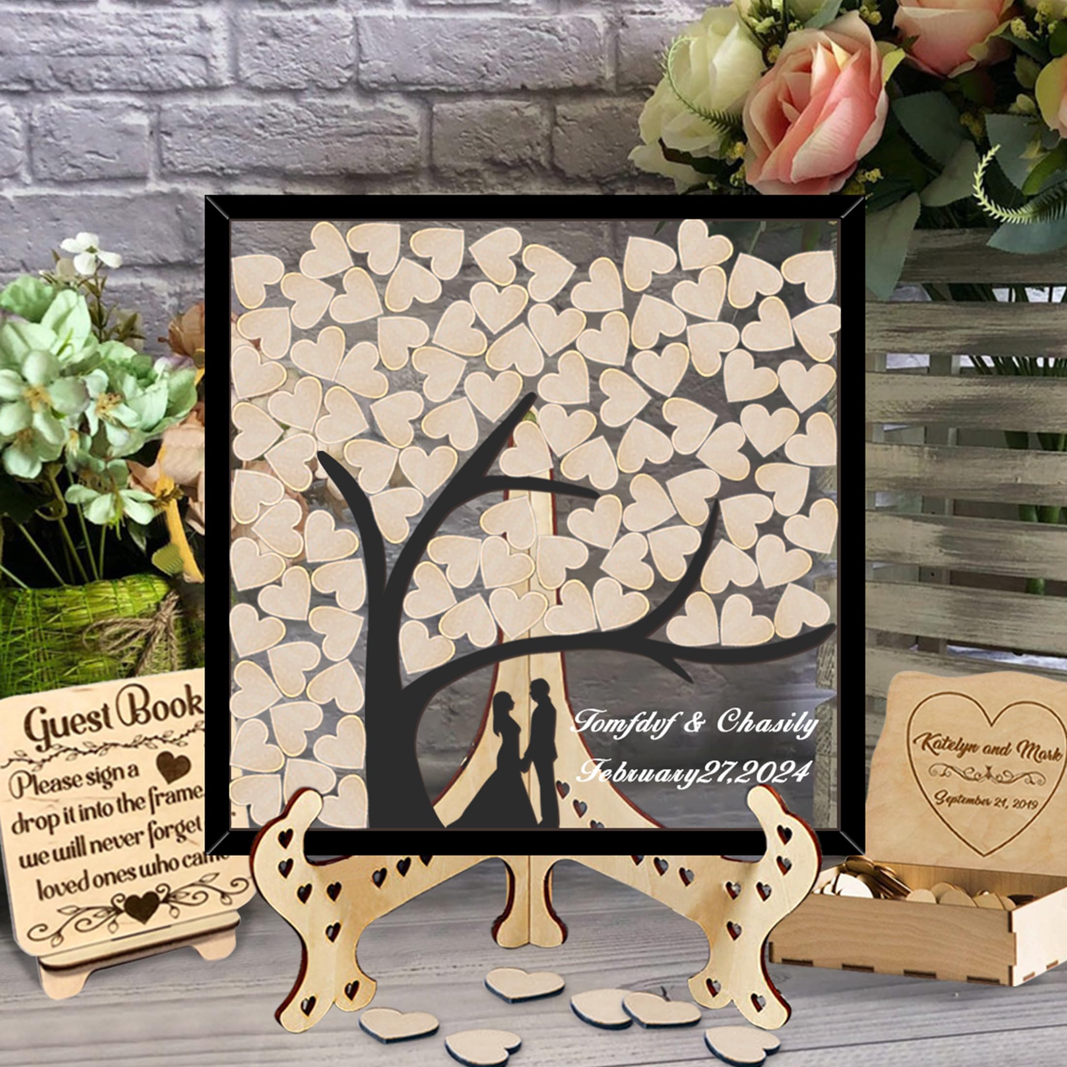 Lettera personalizzata di testo personalizzato Wedding Guest Book con 30-100pcs Cuori di Legno, Legno Wedding Guestbook Segno, Anniversario Wedding segno nel libro per Cerimonia (style 13)