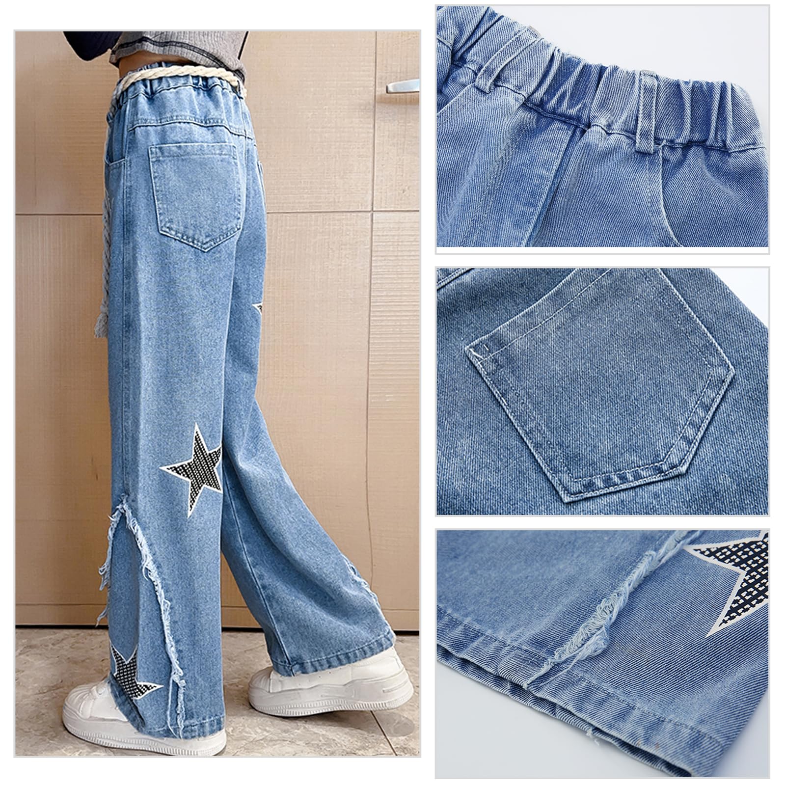 Happy Cherry Jeans da ragazza a gamba larga dritta svasata in denim per tutte le stagioni 5-15 anni