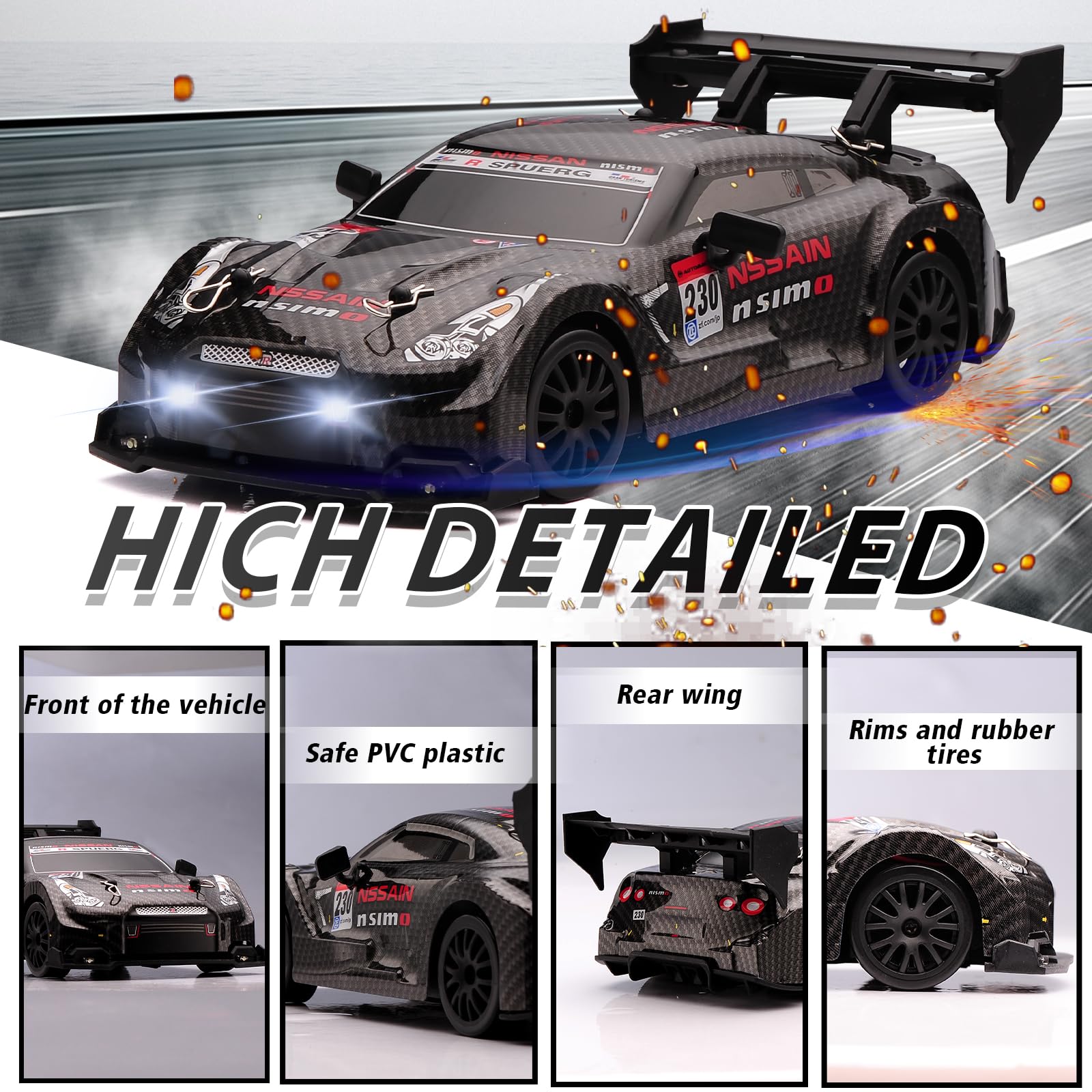 1:24 Scale RC Drift Car,4WD 2.4GHz High Speed Racing Hobby Sport Toy Car Vehicle with LED Lights,Racing and Drift Wheels for Adult Boys Girls Kids Gift (8601-Black)