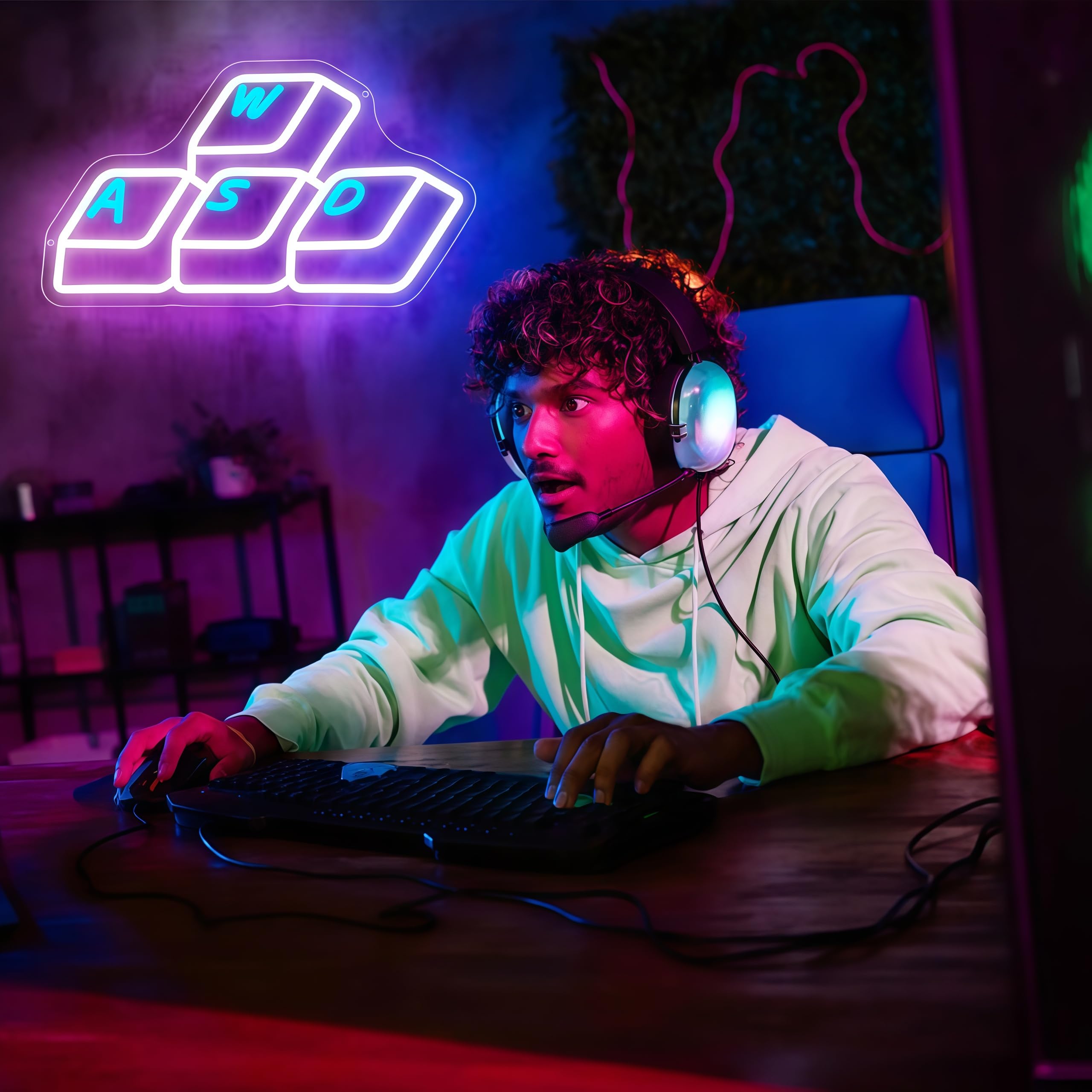 Decorazione da parete per videogiochi, insegna al neon con tastiera per decorazione da parete, accessori per videogiochi, alimentata tramite USB, dimmerabile, LED per stanza dei giochi per adolescenti