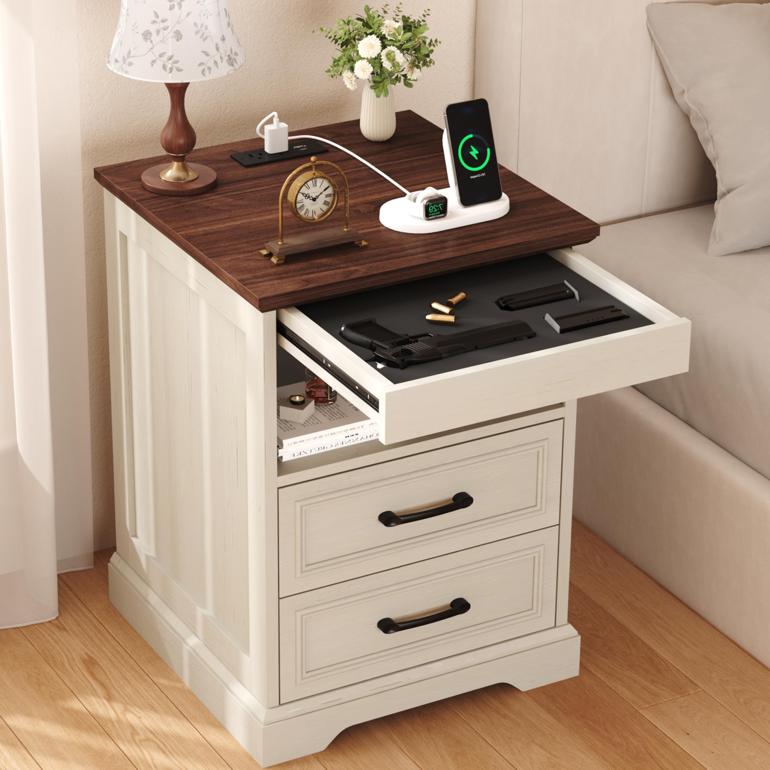 Table de chevet rustique pour cacher vos objets précieux avec station de charge