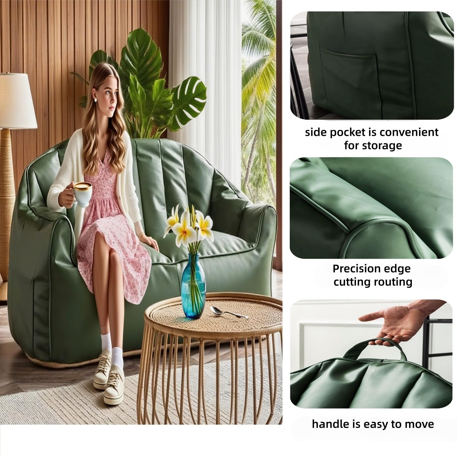 Puf con reposabrazos, sofá de piso de piel sintética para adultos y adolescentes, ideal para sala de estar, dormitorio o dormitorio