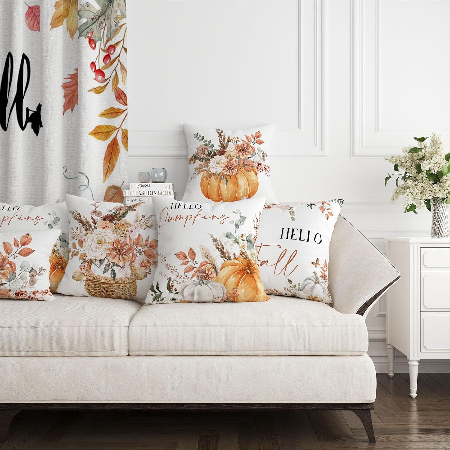 Mocsicka Fall Thanksgiving Pillow Covers 18x18 inch - Hello Pumpkin Fall Throw Pillow Covers Thanksgiving Pillow Covers Outdoor Polyester Cushion Cases for Sofa Couch Set of 4
