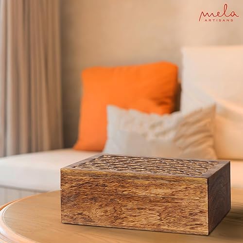 Miniatura 8 de Caja de madera tallada de mango festoneado con tapa, caja de madera grande quemada mediana - Caja decorativa hecha a mano con tapa para usar como