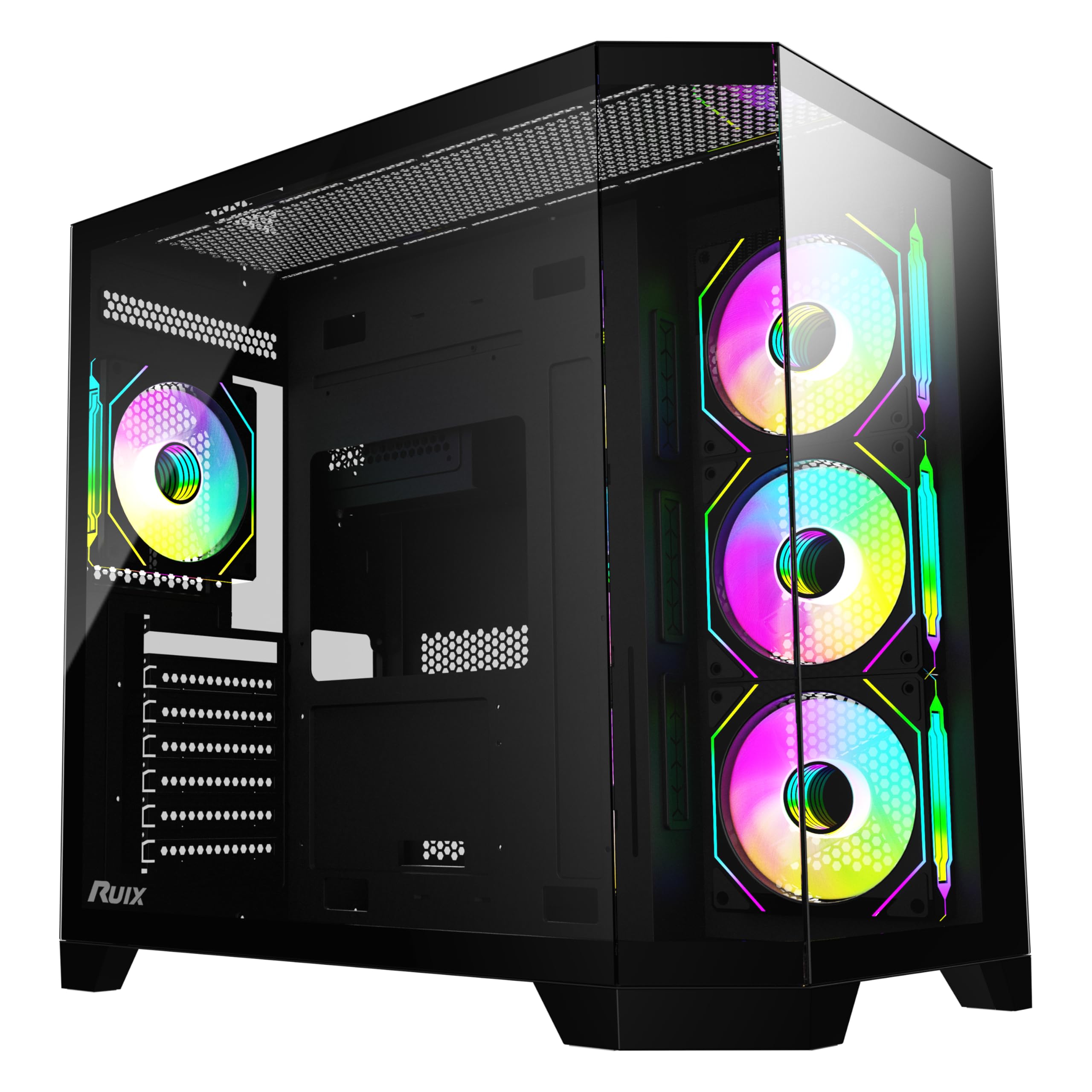RUIX OV303 ATX Mid-Tower PC Case, wstępnie zainstalowane wentylatory pryzmatyczne ARGB PWM 4 x 120 mm, porty USB 3.0 i typu C, obudowa komputera o wysokim przepływie powietrza (czarna)