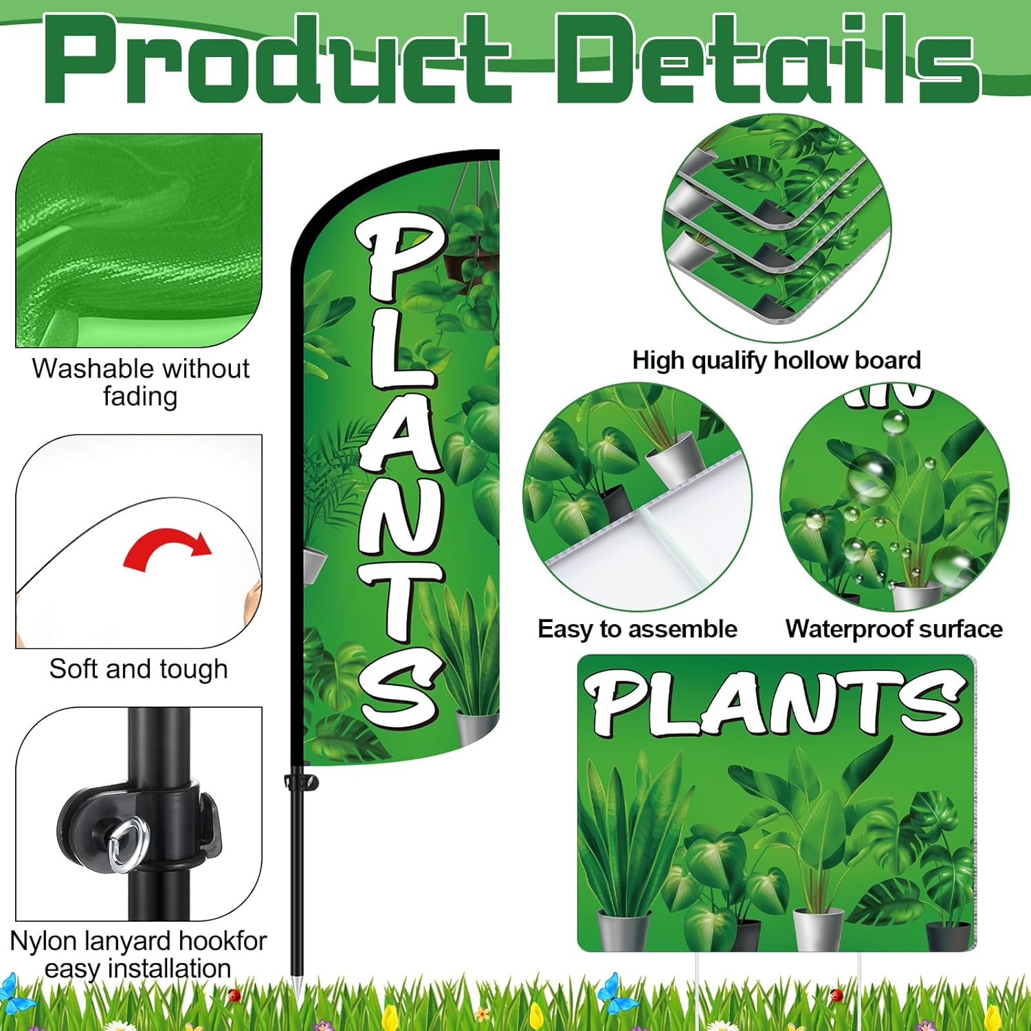 Moukeren 6 Pcs Plant Feather Banner Flag Kit Plant Feather Banner with Black Metal Pole and Plants Yard Signs Weatherproof Outdoor Sign for Nurseries Tree Farms Store Windows Roadside Displays