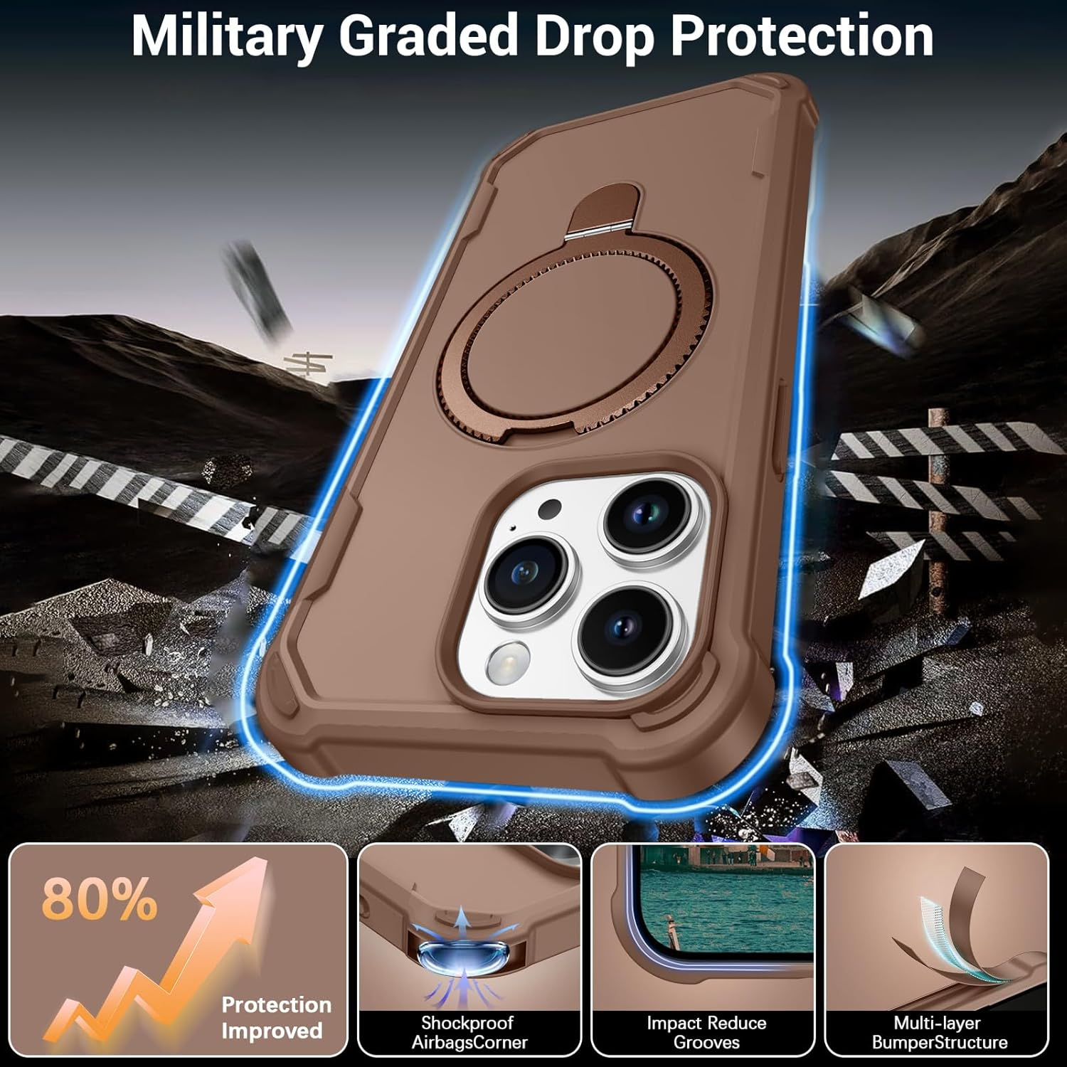 BENTOBEN for iPhone 15 Pro Case with Magnetic Stand Holder [Military Drop Protection] [Compatible with MagSafe] Non-Slip Grip Protective Phone Case for iPhone 15 Pro 6.1'', Brown - Image 3