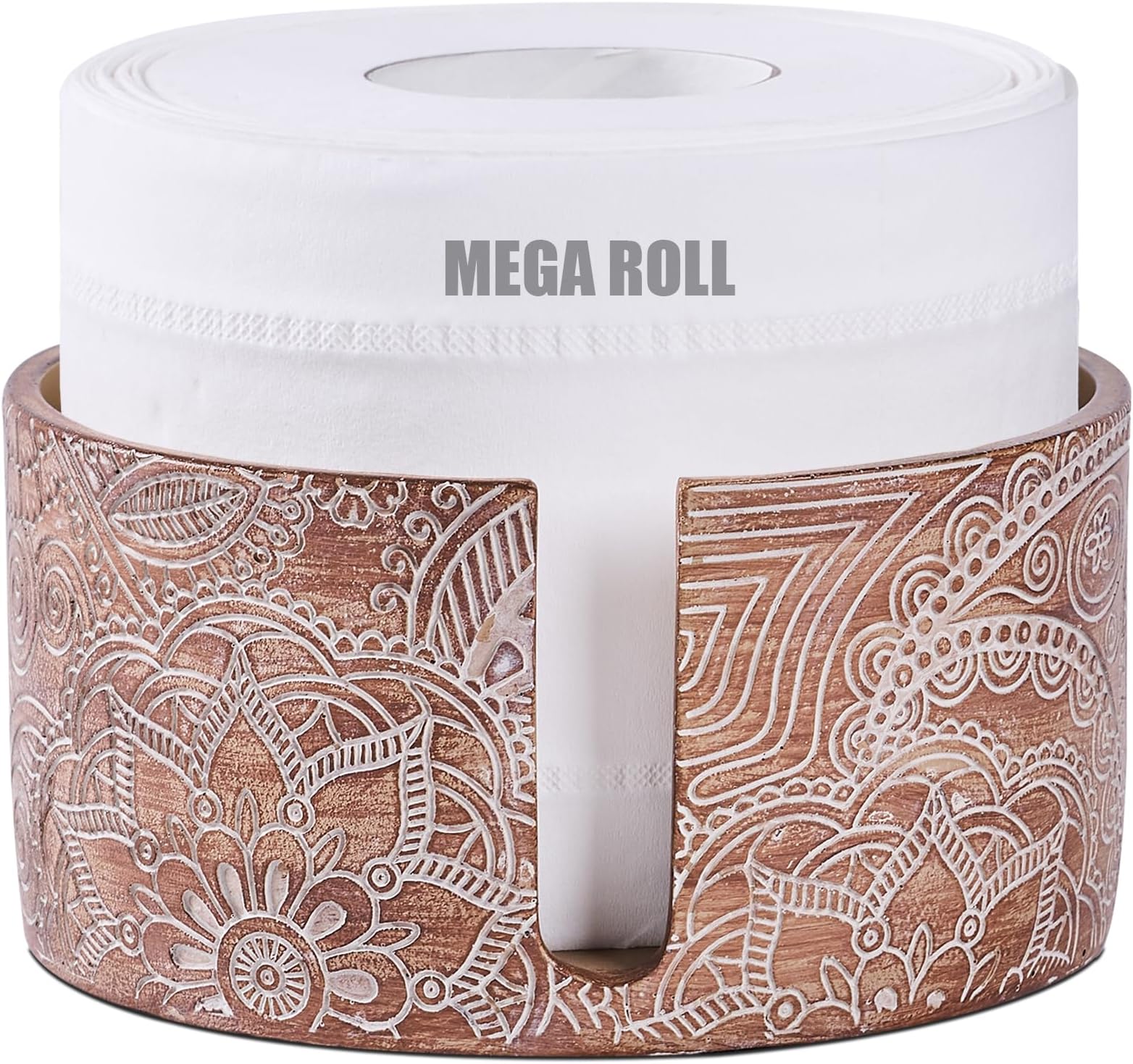 Brown Boho Flowers Vintage Woodcarved Toilet Paper Holder Stand for Bathroom Floating Shelves, Toilet Top Decorative Organizer Mega Roll 5.5 Inches or Less, Free Standing 1 Roll Storage
