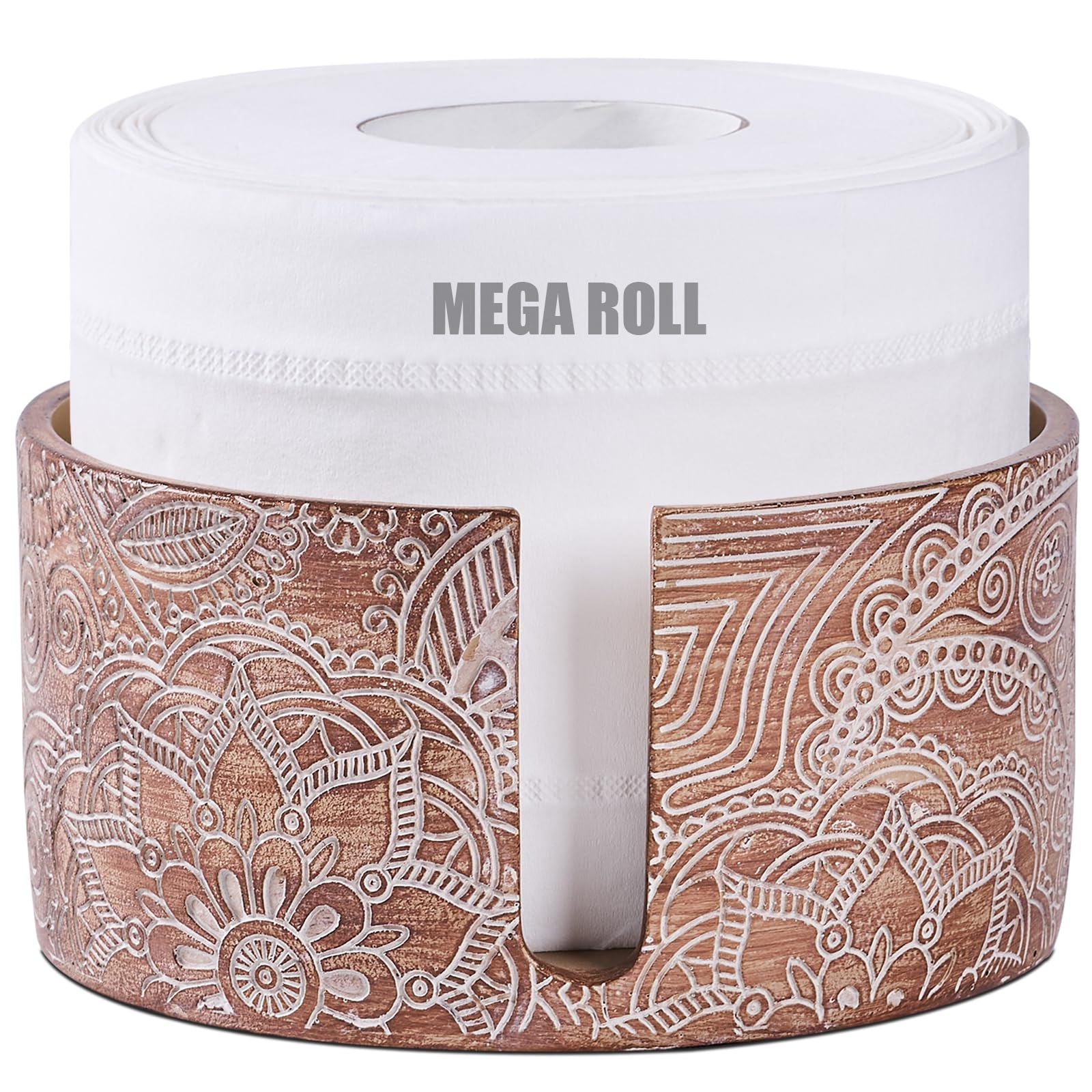Brown Boho Flowers Vintage Woodcarved Toilet Paper Holder Stand for Bathroom Floating Shelves, Toilet Top Decorative Organizer Mega Roll 5.5 Inches or Less, Free Standing 1 Roll Storage