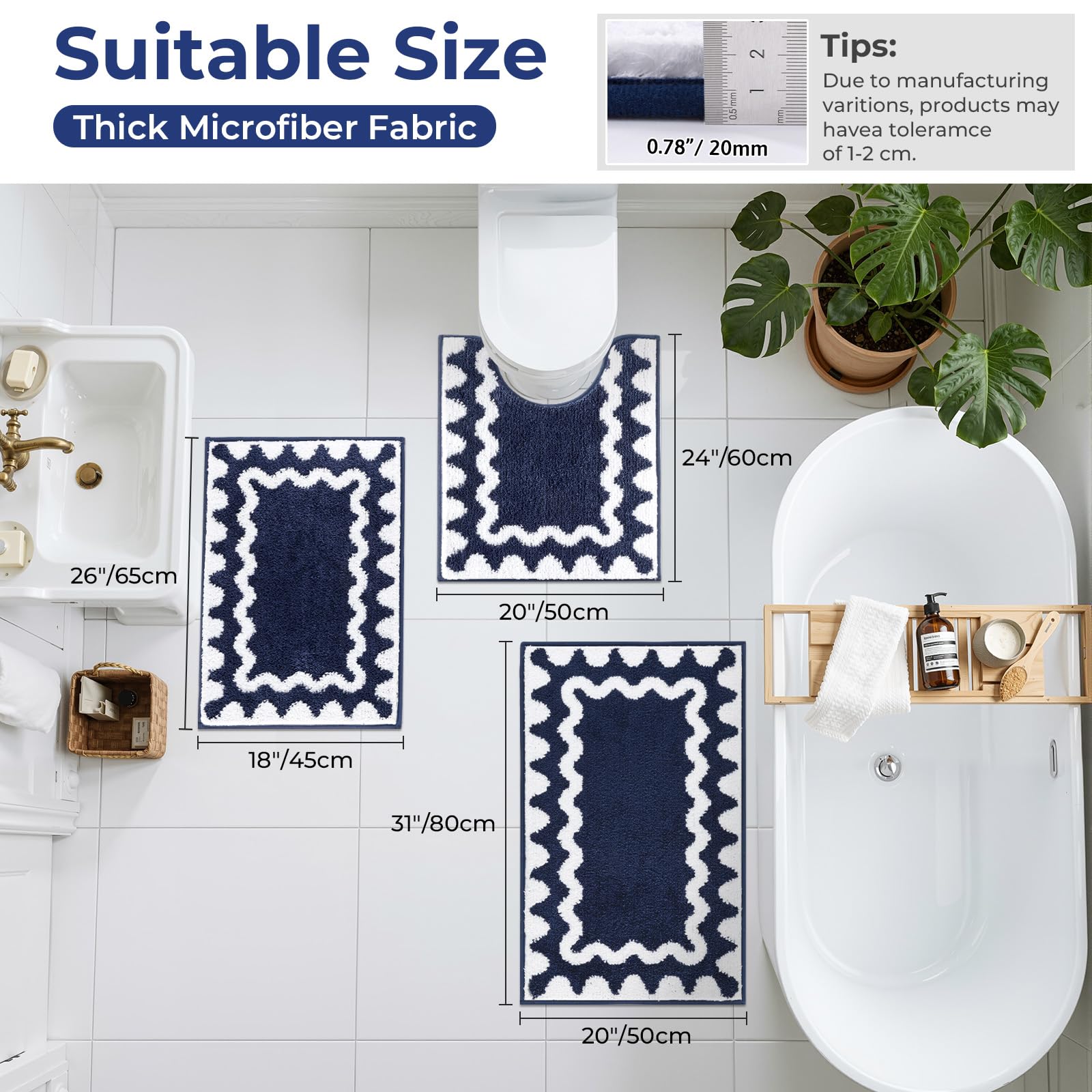 Juego de 3 Alfombra Baño Antideslizantes Alfombrilla Baño de Pelo Largo y Suave, Lavables a máquina, Azul Marino + Blanco