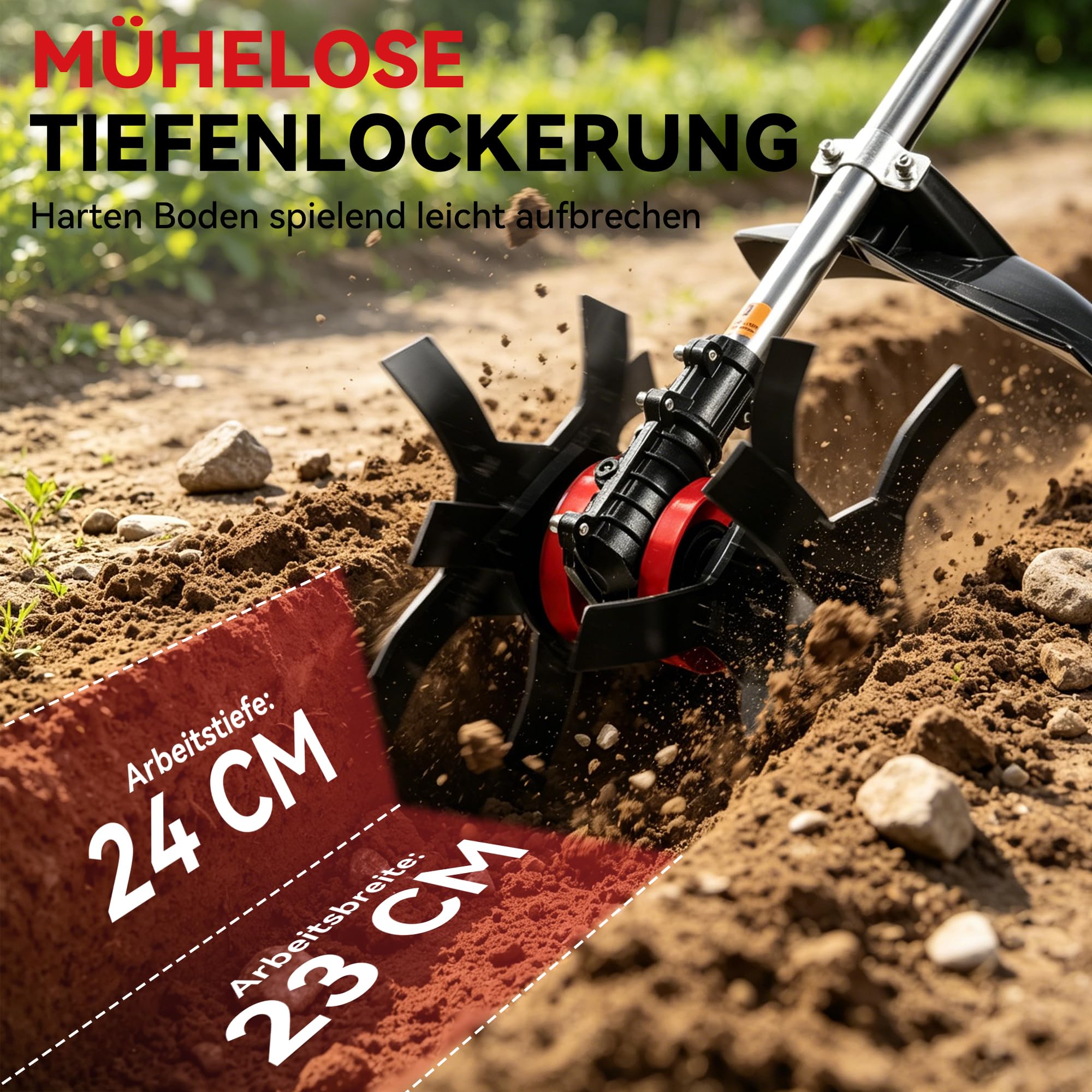 ONEVAN Motoazada Eléctrica, 600W Motor sin Escobillas, Hoja de Acero Grande | Profundidad de 24 cm y anchura de 23 cm, mango ajustable, 2 x 4.5 Ah baterías autonomía de 60 minutos, apto para suelos duros