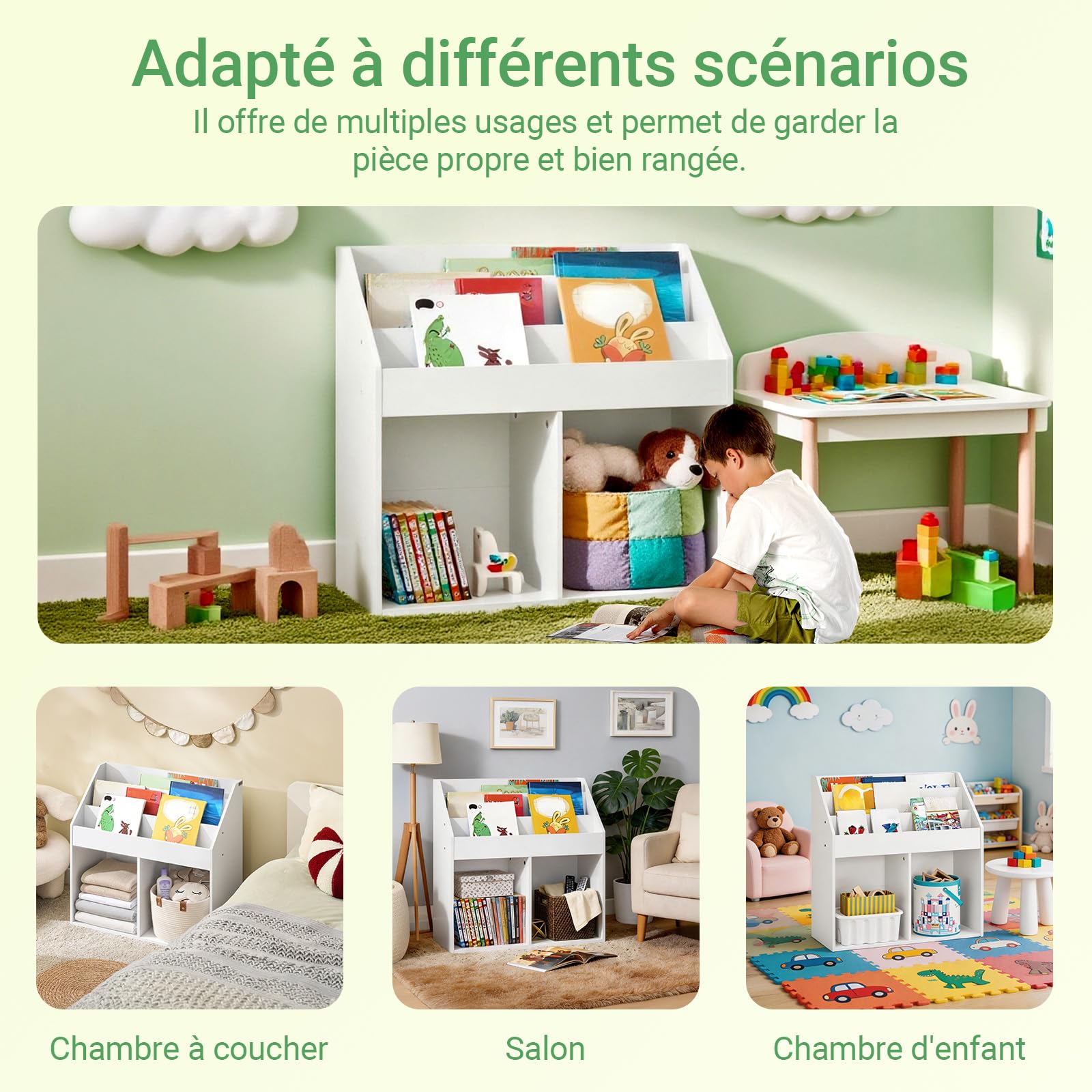 SoBuy Bibliothèque Enfant Rangement Jouet Enfant avec 3 Étagères et 2 Compartiments Ouverts Meuble Rangement Jouet Étagère Bibliothèque Porte-revues Blanc 68x30x68 cm KMB01-II-W