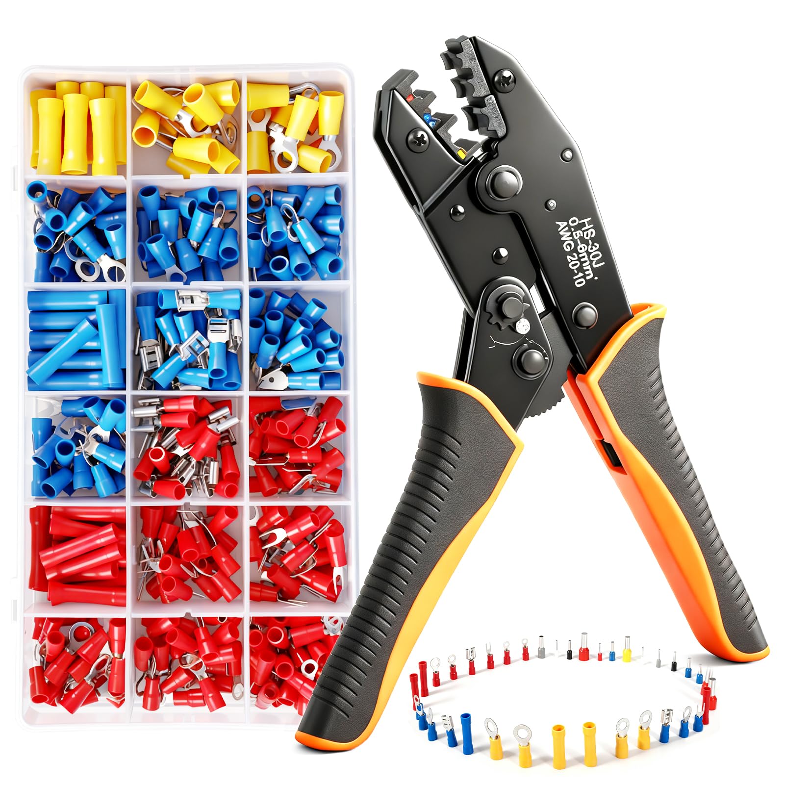 Crimpadora Terminales Eléctricos, 18 Modelos [0,5-6 mm²], Set Alicates Terminales Electricos, Juego de Alicates Crimpadores con 350 Conectores Crimpados Incluidos, Herramienta de Crimpado