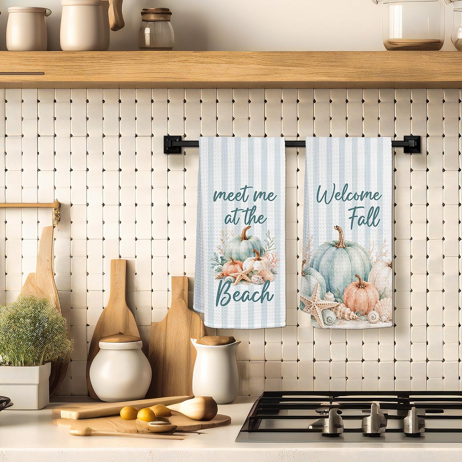 HIWX Coastal Fall Pumpkin Kitchen Dish Towels Decorative 16x24 Set of 2 | Beach Ocean Starfish Seashell Pumpkin Kitchen Dish Tea Towels, Blue Striped Autumn Seasonal Hand Towel for Bathroom Decor