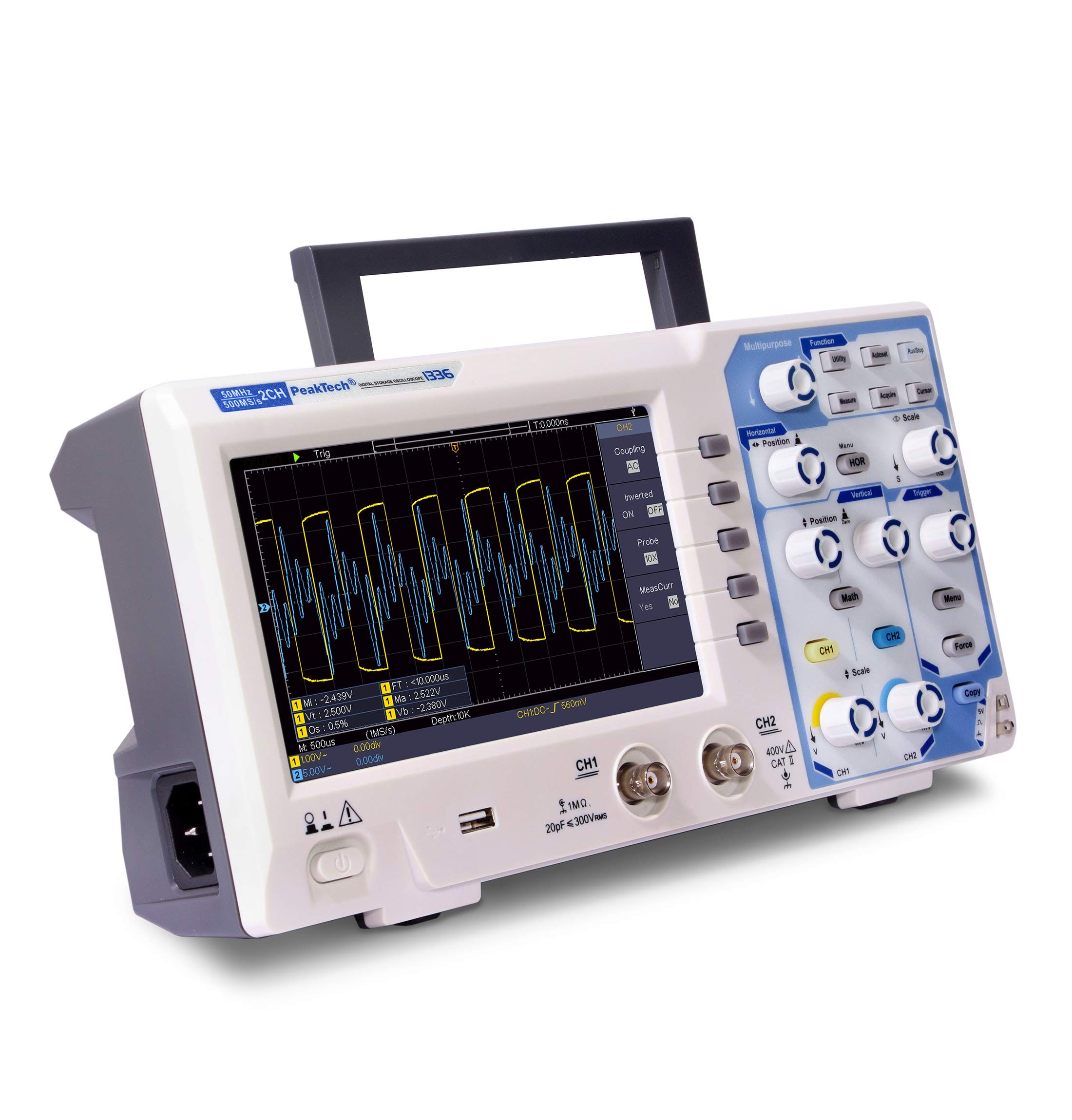 PeakTech P 1336 - Osciloscopio digital de 2 canales (50 MHz, con interfaz USB, 15 W, 240 V)