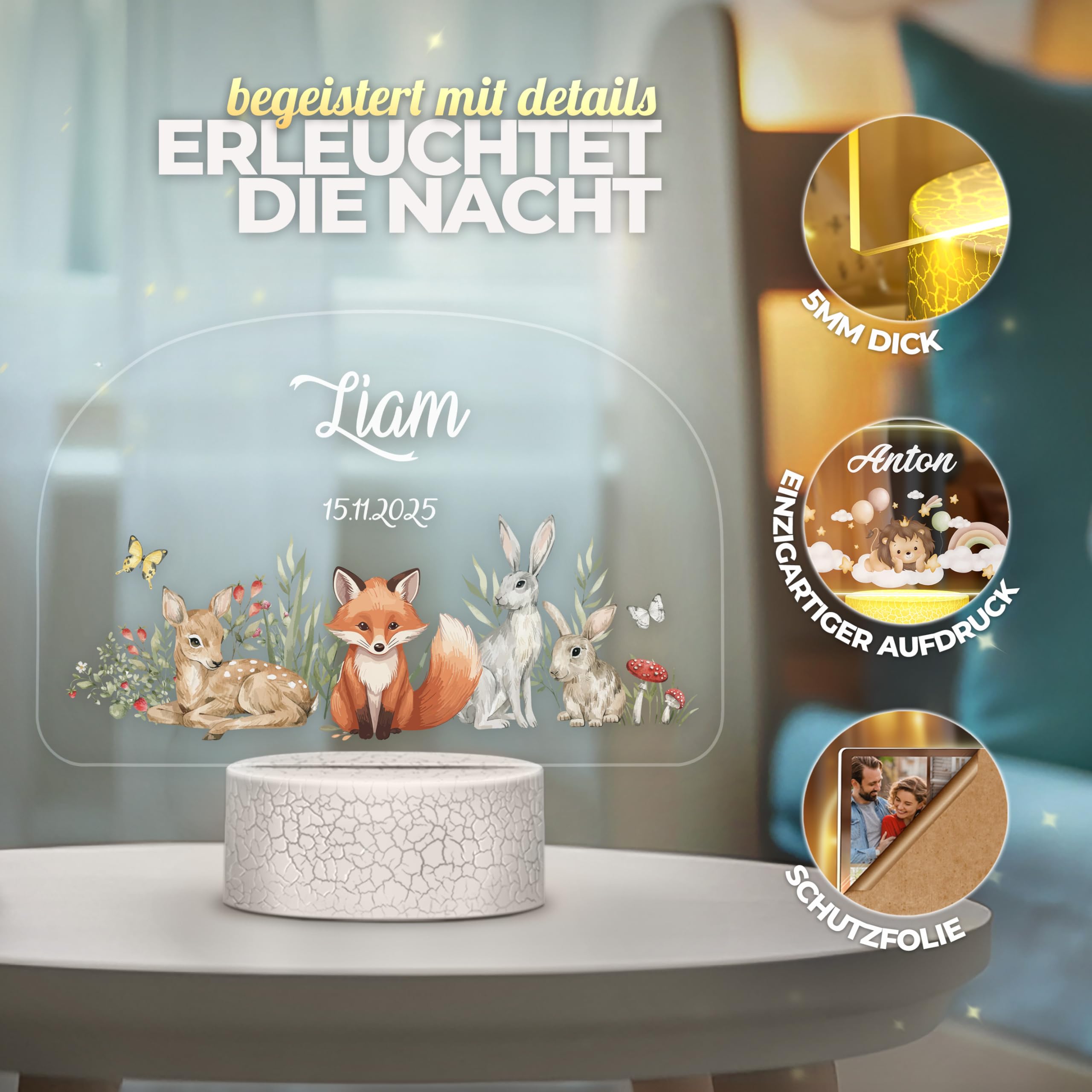 Maverton Personalisiertes Nachtlicht für Babys - LED Nachttischlampe für Kinder - Geschenk zur Geburt - Nachtlicht Baby - Geburtstagsgeschenk - personalisierte Geschenke Baby - Geschenk Mädchen