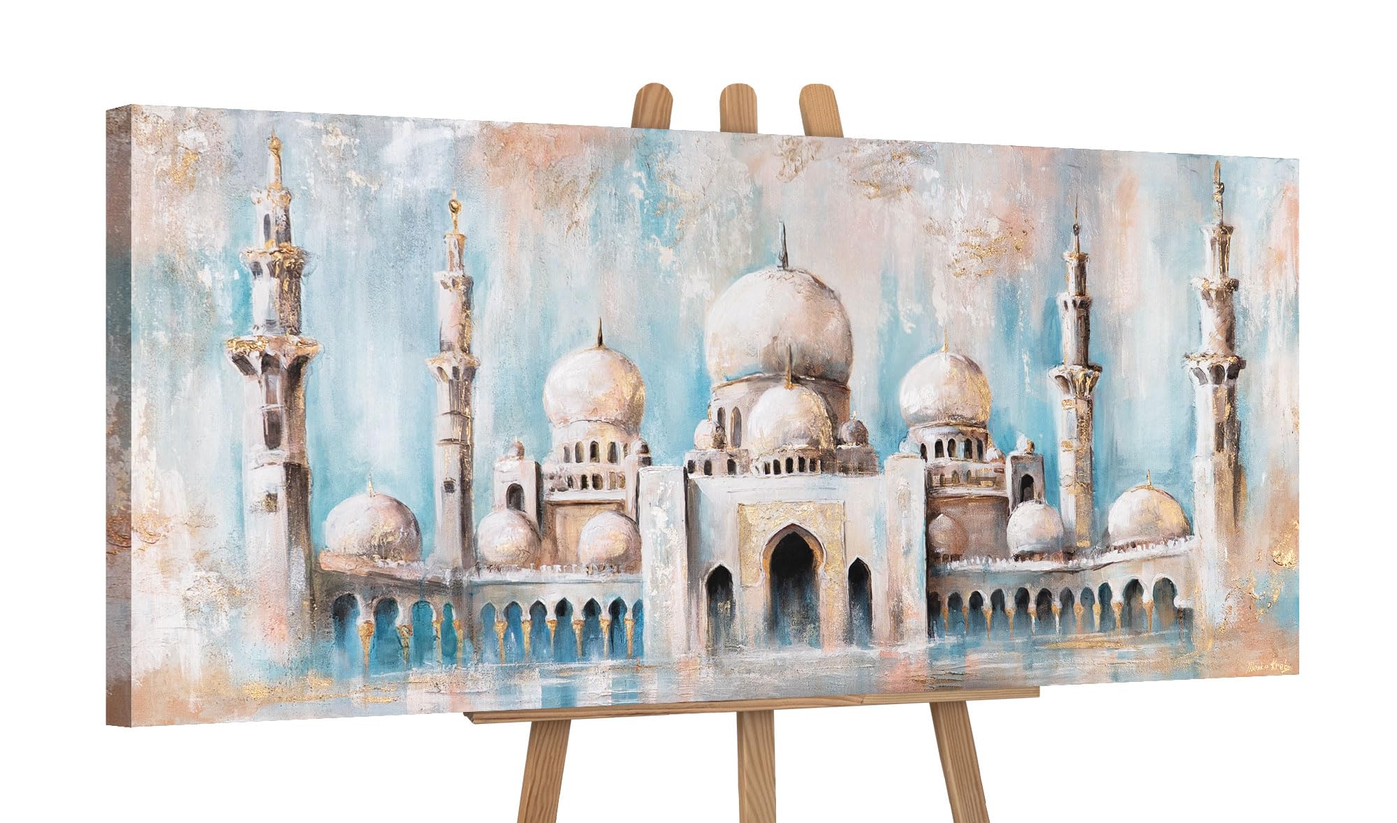 Ys Way Of Light -Art Original Acrylic Painting | Soft Pastel Mosque | Serene Oriental Architecture Canvas | Blue Beige Elegant Wall Art 45X20 Inch