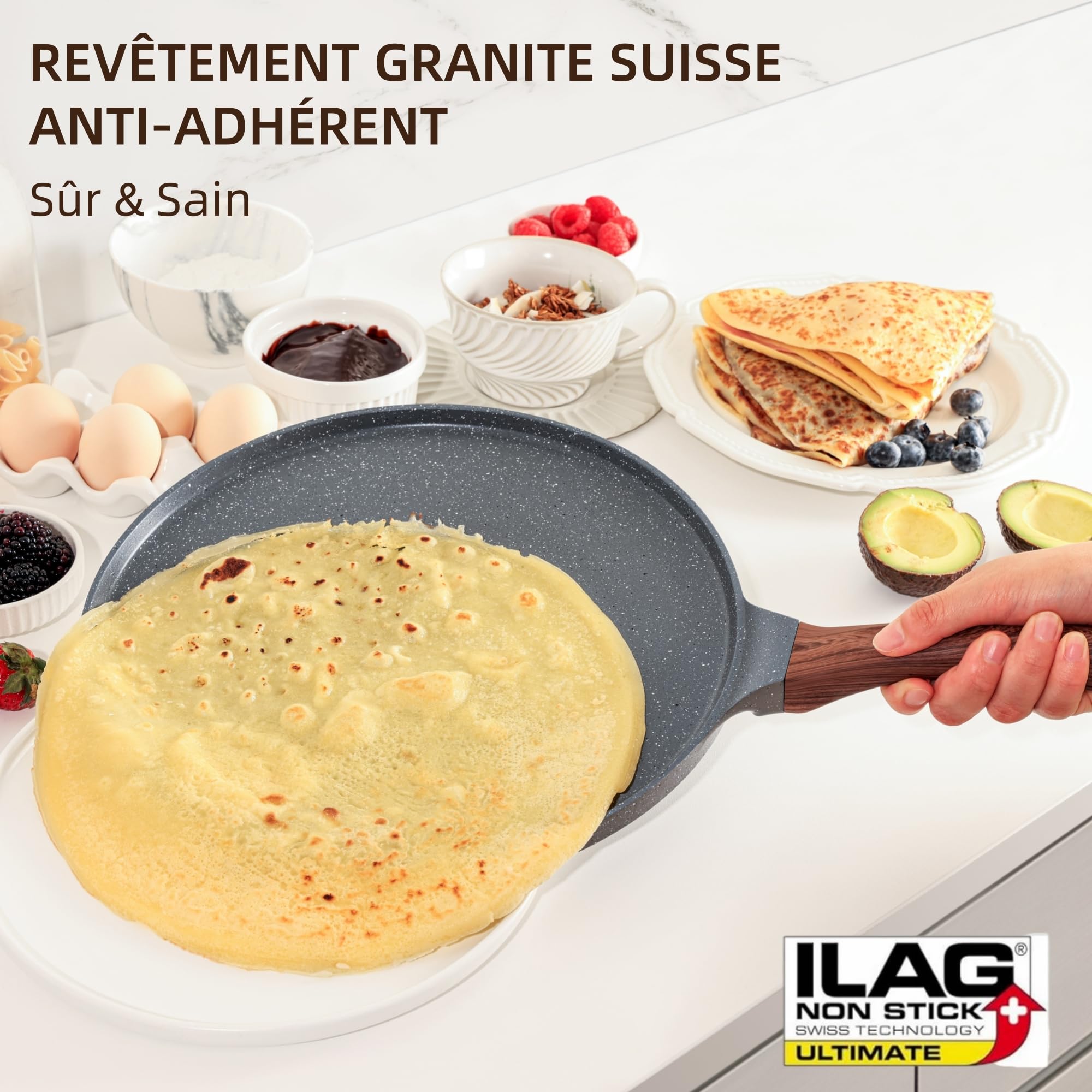 SENSARTE Poêle à Crêpes 26 cm avec Revêtement Antiadhésif en Granit Suisse - Compatible Induction - Crêpière avec Répartisseur de Pâte - Poignée Confortable et Ergonomique
