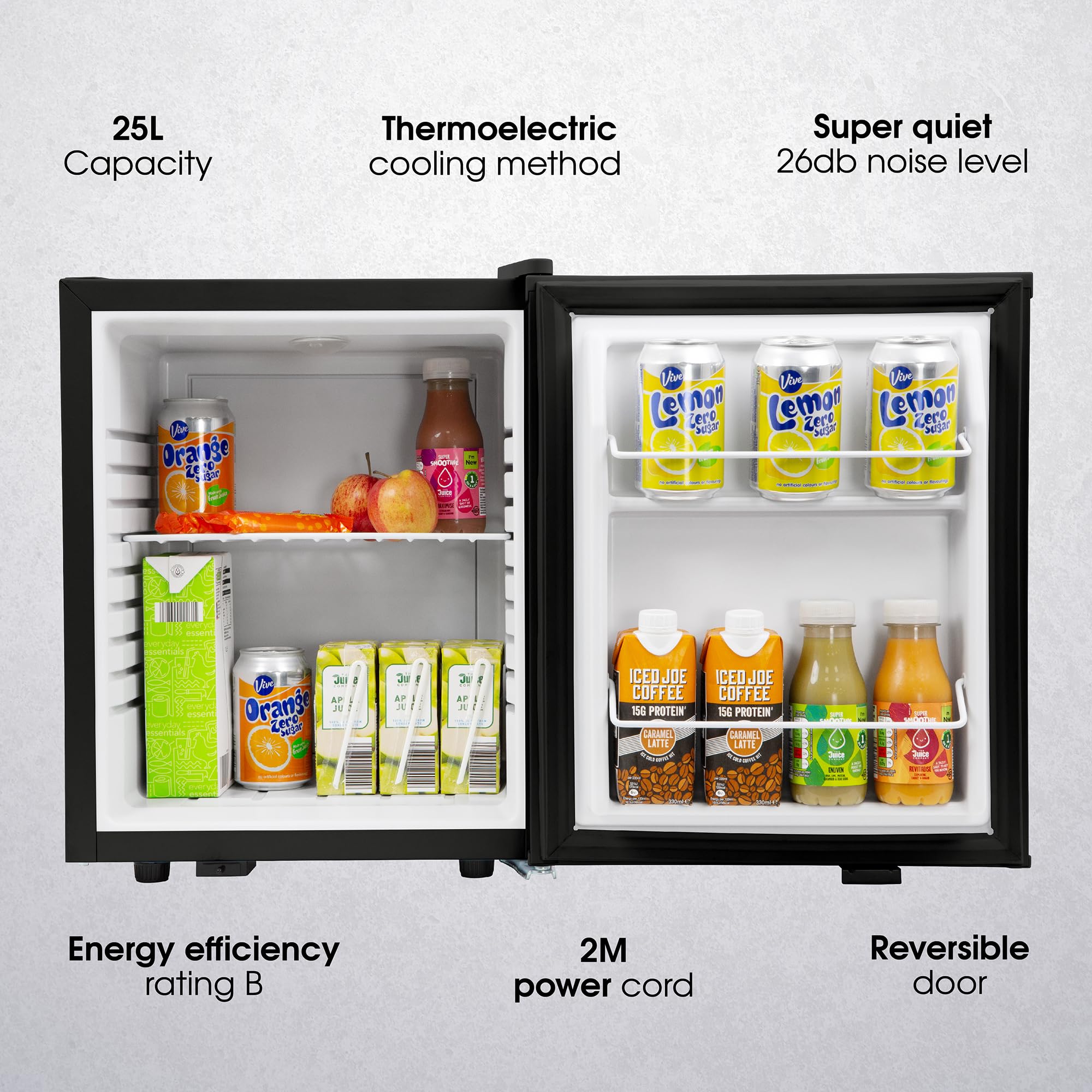 Abode Quiet Mini Cooler 25L Thermoelectric for Drinks with Adjustable Thermostat, Portable in Black, Compact For Bedroom, Home, Caravan with Reversible Door A25THBC102B - 4