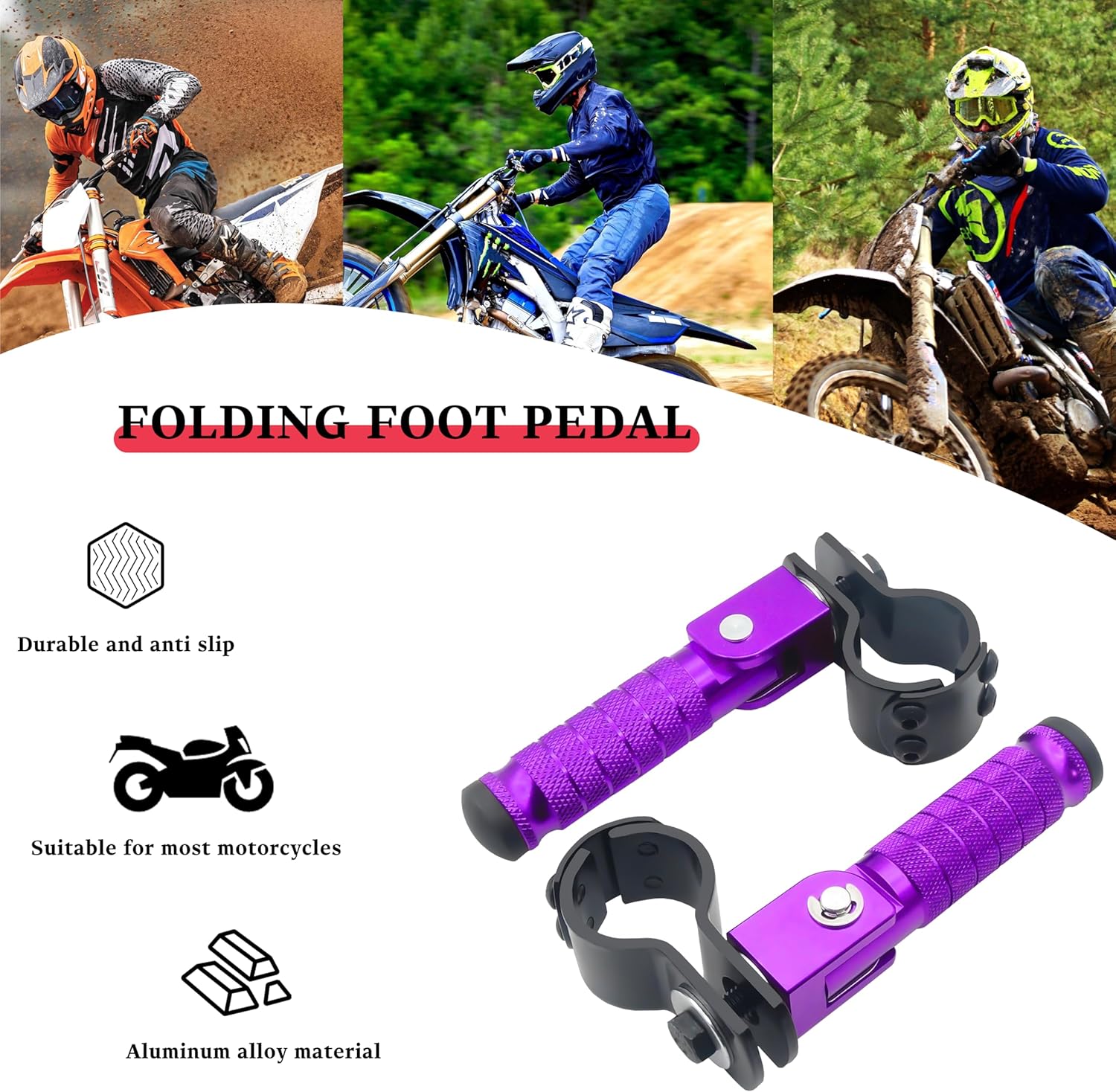 M8 Motorcycle CNC Aluminum 90 Degree Folding Rearsets Folded Motorbike Footrest Bicycle Footpegs Foot Pegs Pedal Universal (Purple)