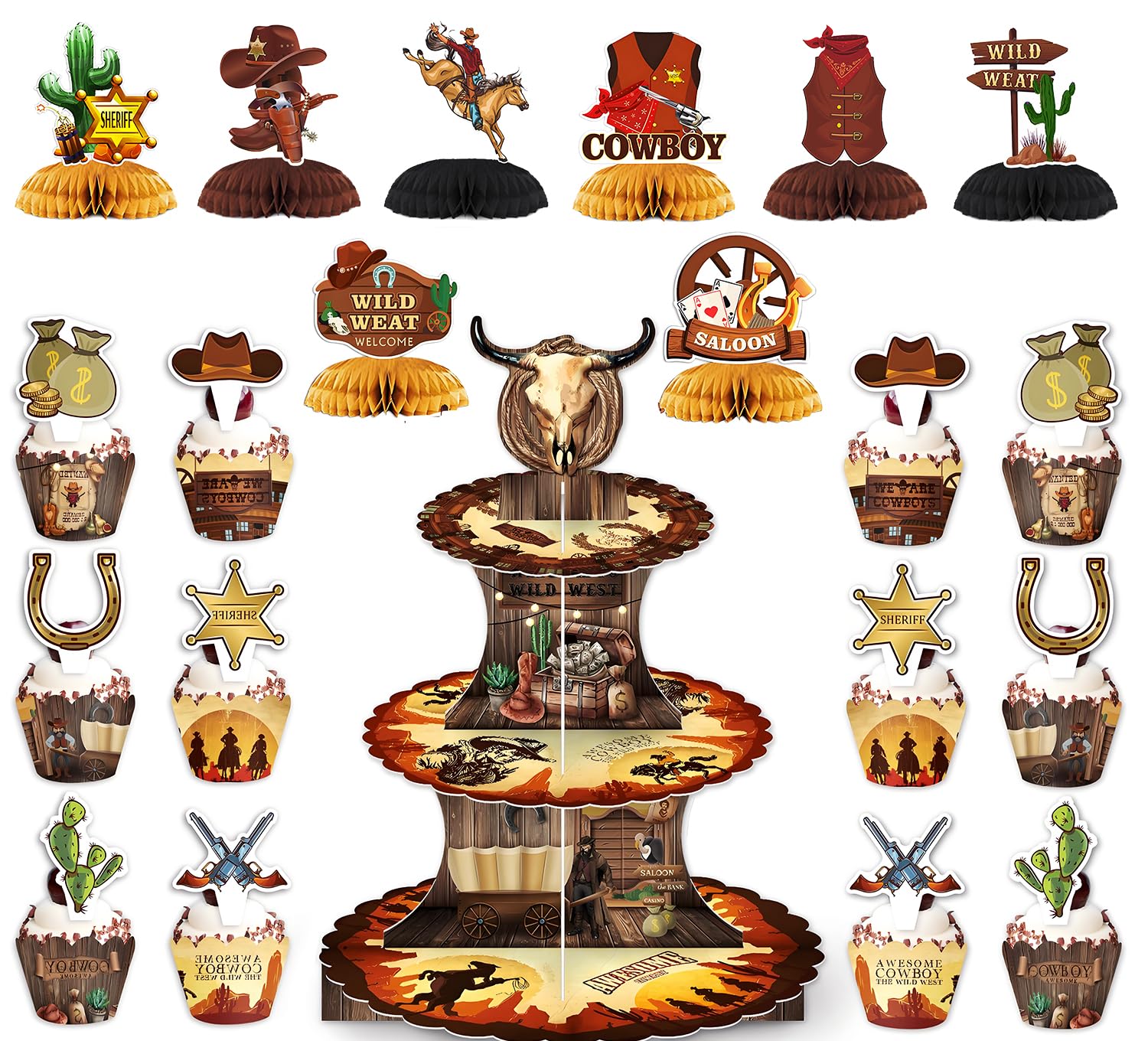 Doyomtoy Cowboys Cake Stand,+Cupcake Wrappers+Cupcake Toppers+ Cowboys Honeycomb Centerpiece, Western cowboy birthday party, Retro Farm competition dessert table decoration