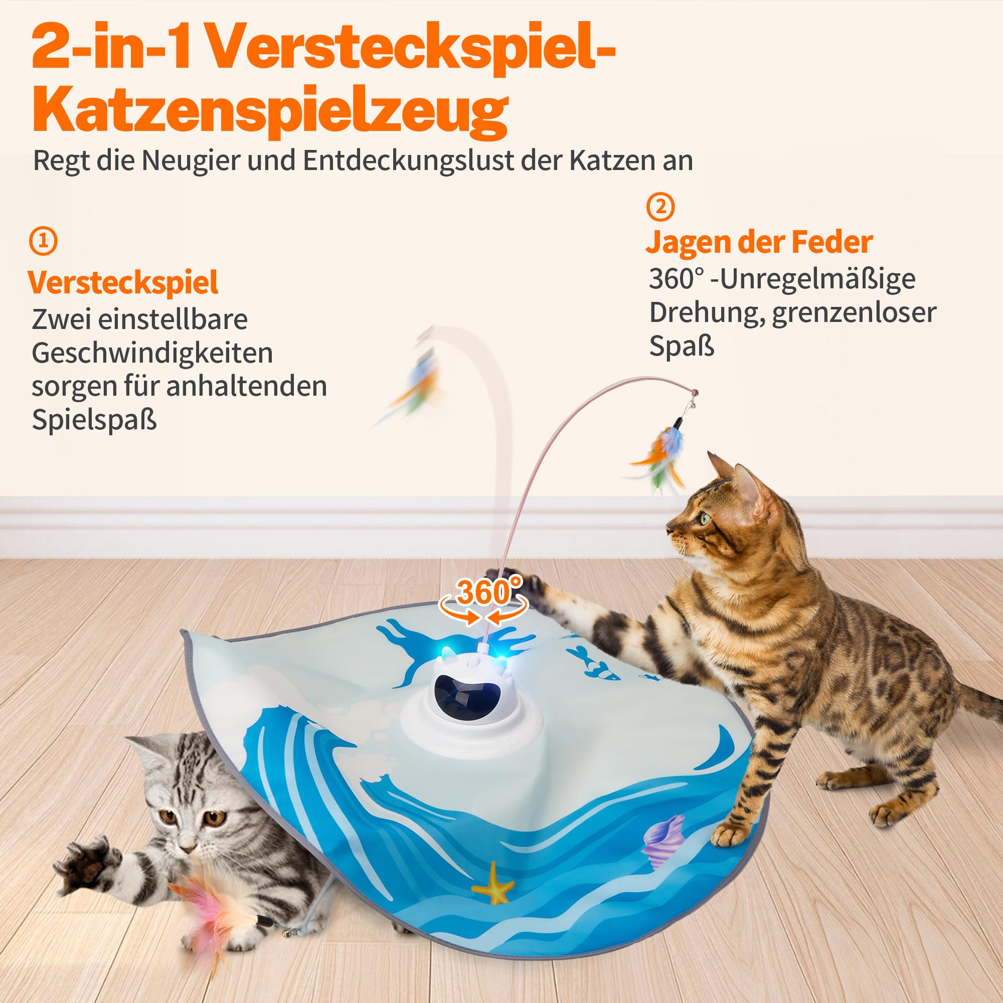 Toozey Interaktives Katzenspielzeug mit 3 abnehmbaren Federn, Elektrisches Katzenspielzeug mit Federautomatik & USB-Aufladung, Selbstbeschäftigungspielzeug für Katzen jeden Alters, Blau