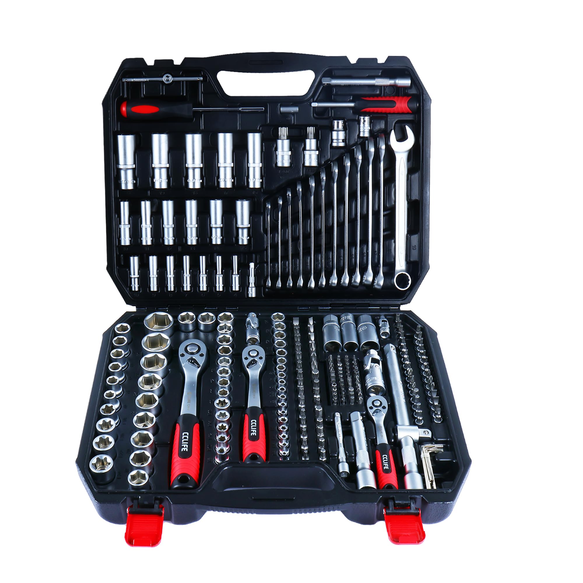 CCLIFE Set di chiavi a bussola, 219 pezzi, 1/4 3/8 1/2", set di attrezzi meccanici con cricchetto a 72 denti, acciaio al cromo vanadio, per riparazione fai da te