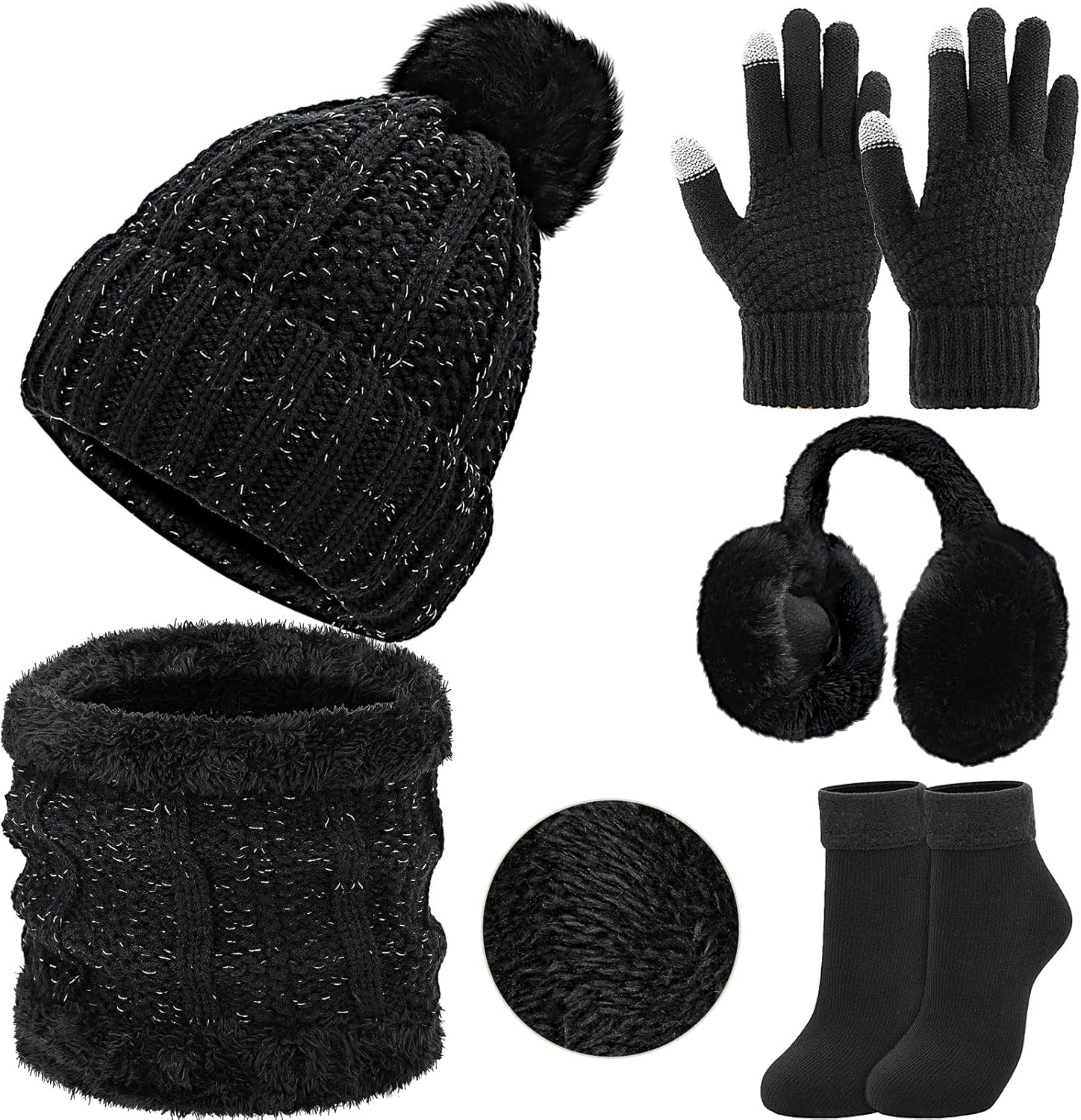 5 Pcs Womens Hat Scarf Gloves Set Winter Fleece Ear Muffs Warm Socks Outdoor Touch Screen Gloves Beanie Skull Cap