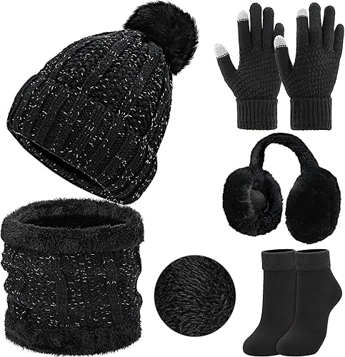5 Pack Womens Beanie and Glove Set Touch Screen Gloves Neck Warmers Winter Hat w