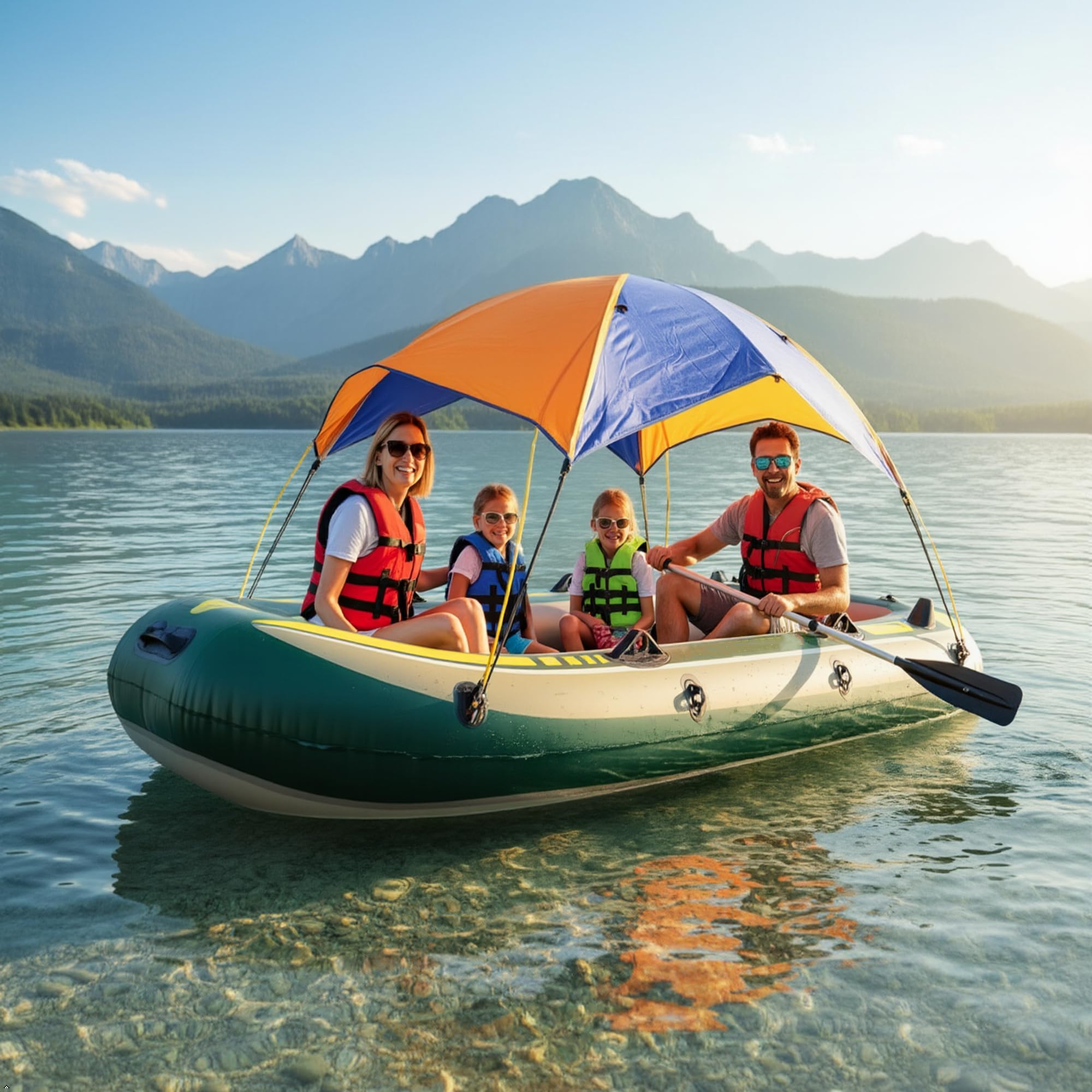 Sonnenschutz-Markise für Schlauchboote, Blau/Orange, für 4-5 Personen, mit Zeltstangen und Befestigungszubehör (Orange)