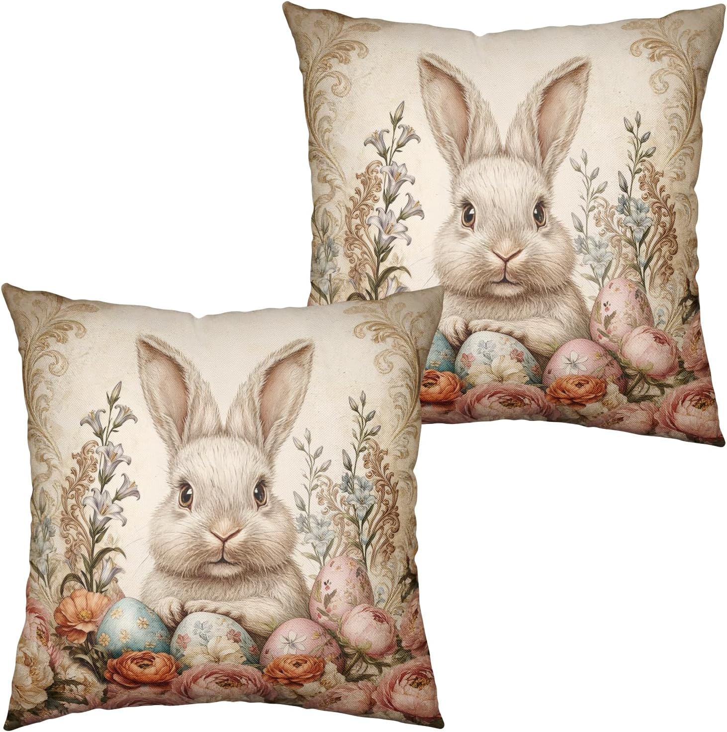 Vintage Easter Bunny Pillow Covers Spring Lovely Rabbit Throw Pillow Covers 18x18 Set of 2 Easter Eggs Farmhouse Pillow Cases Retro Rose Floral Cushion Case for Sofa Couch